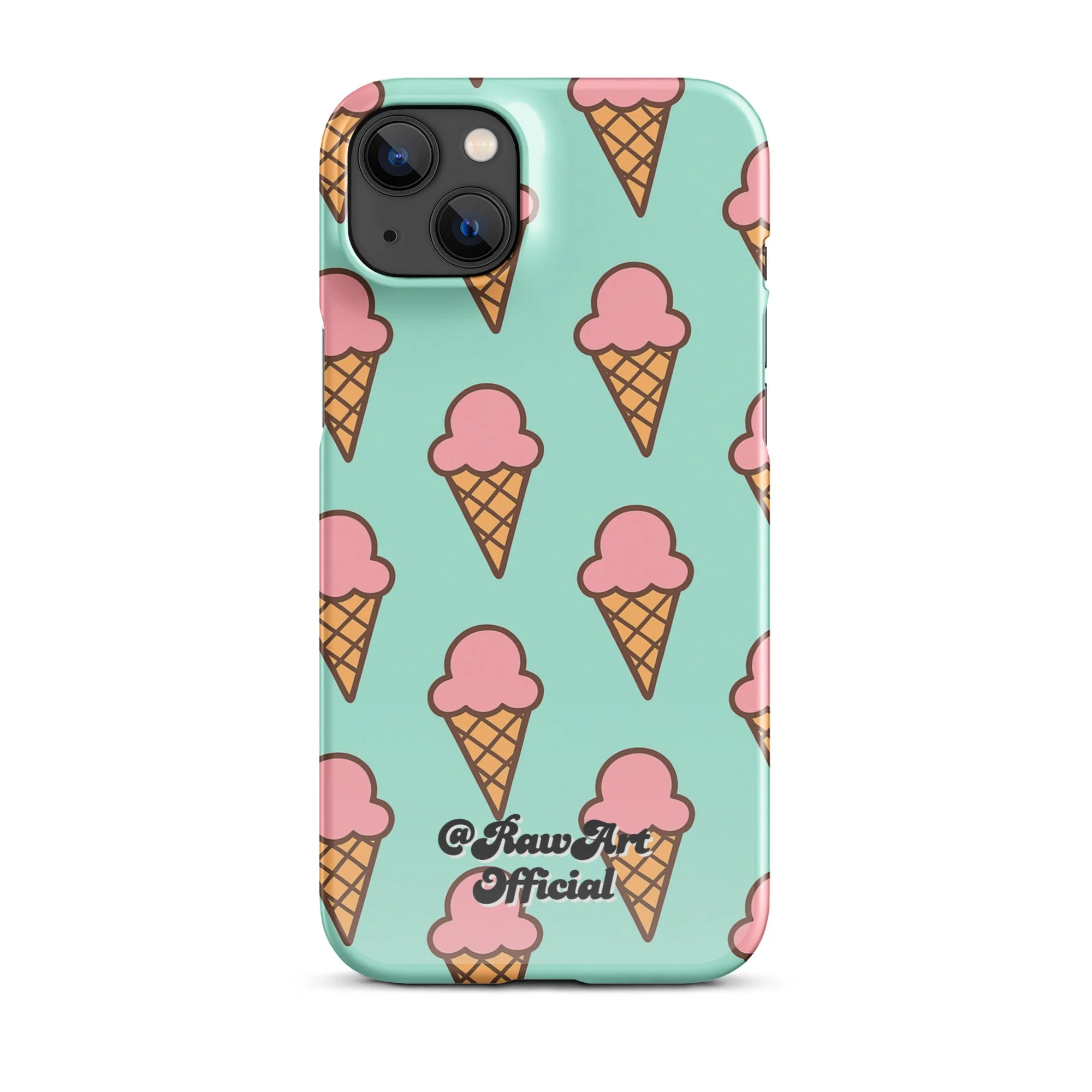 Mint green iPhone case with pink ice cream cone pattern, retro fun design.
