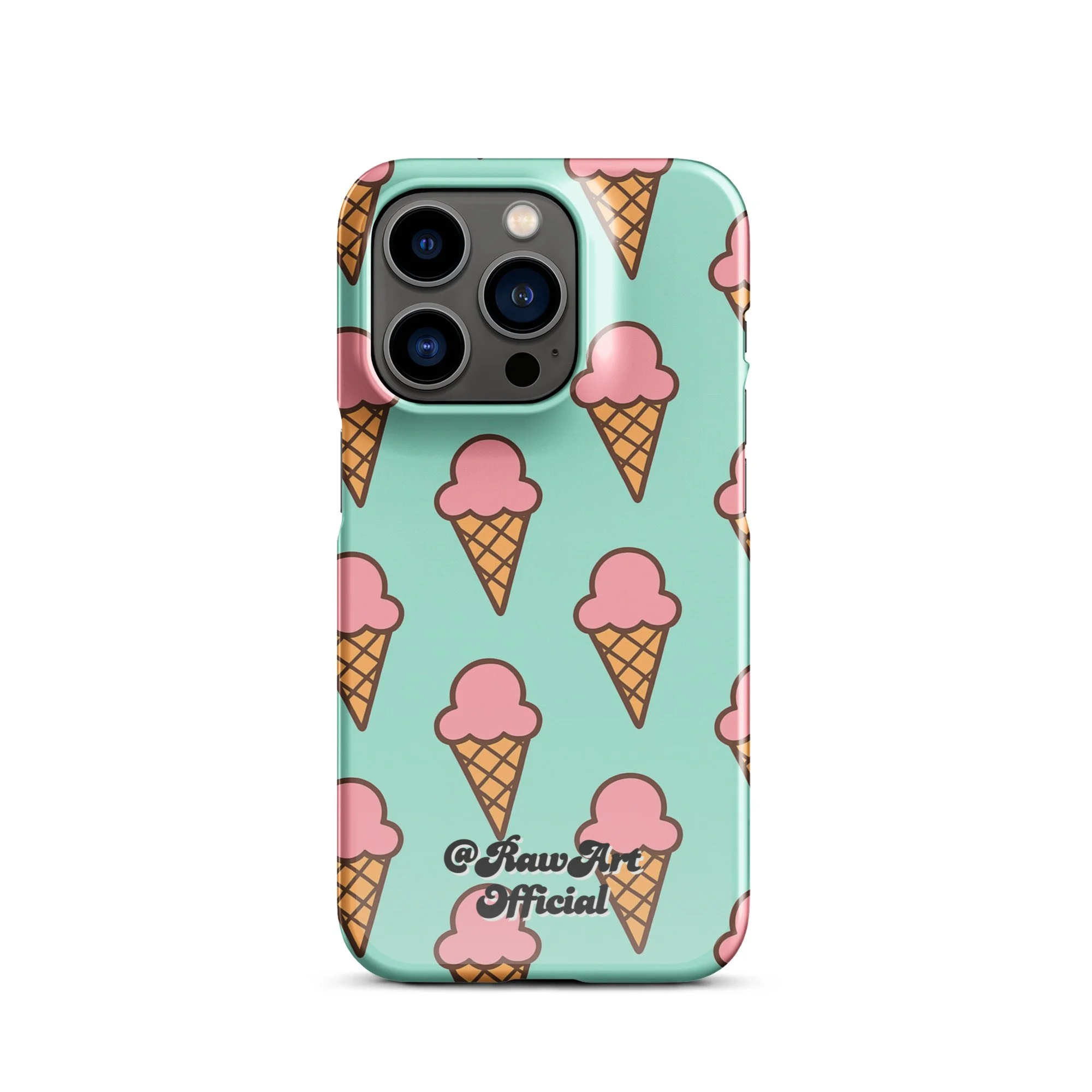 Mint green iPhone case with pink ice cream cone pattern, retro fun design.