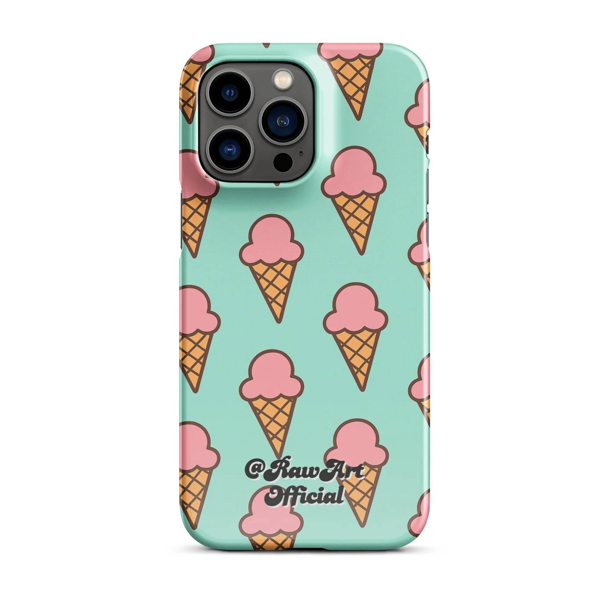 Mint green iPhone case with pink ice cream cone pattern, retro fun design.