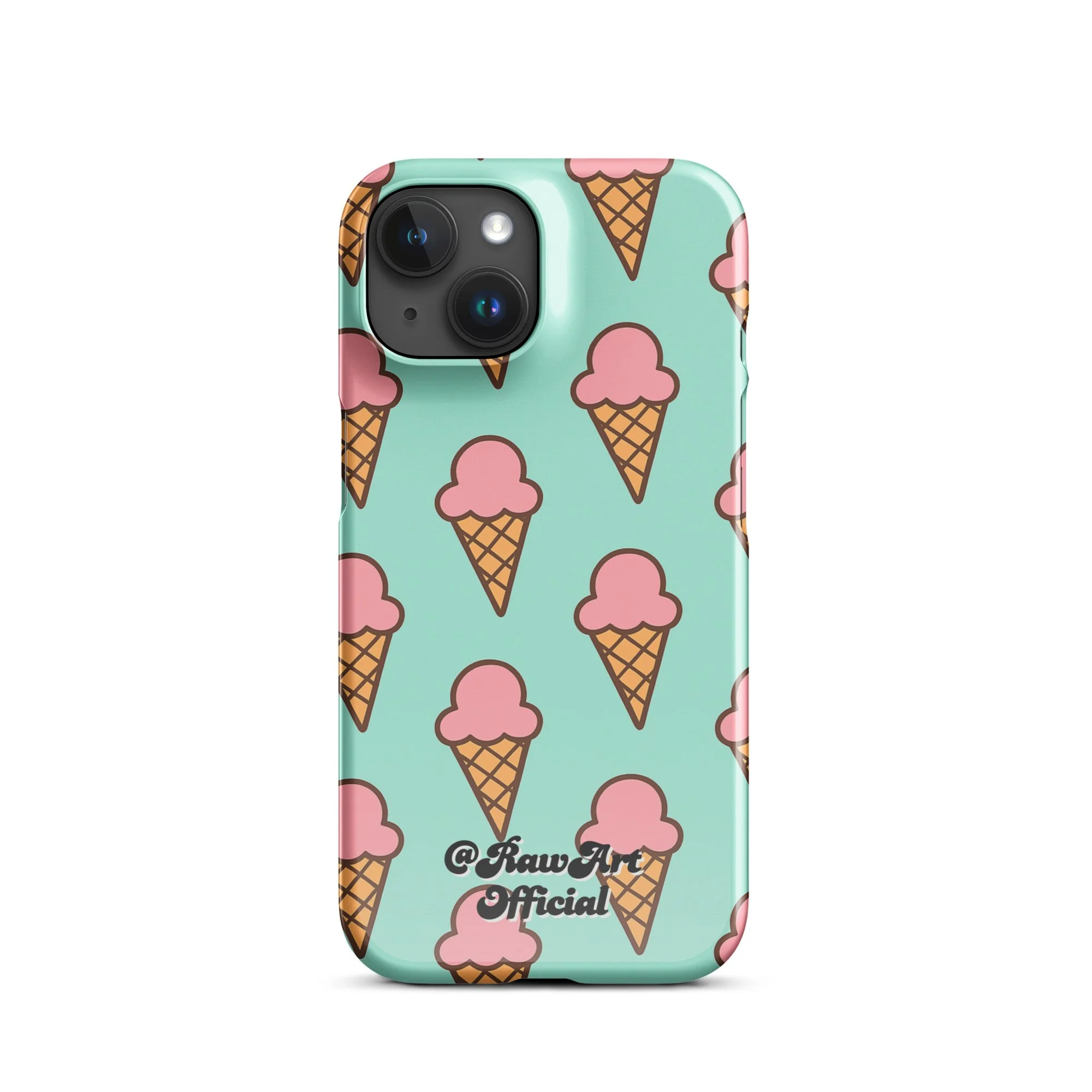 Mint green iPhone case with pink ice cream cone pattern, retro fun design.