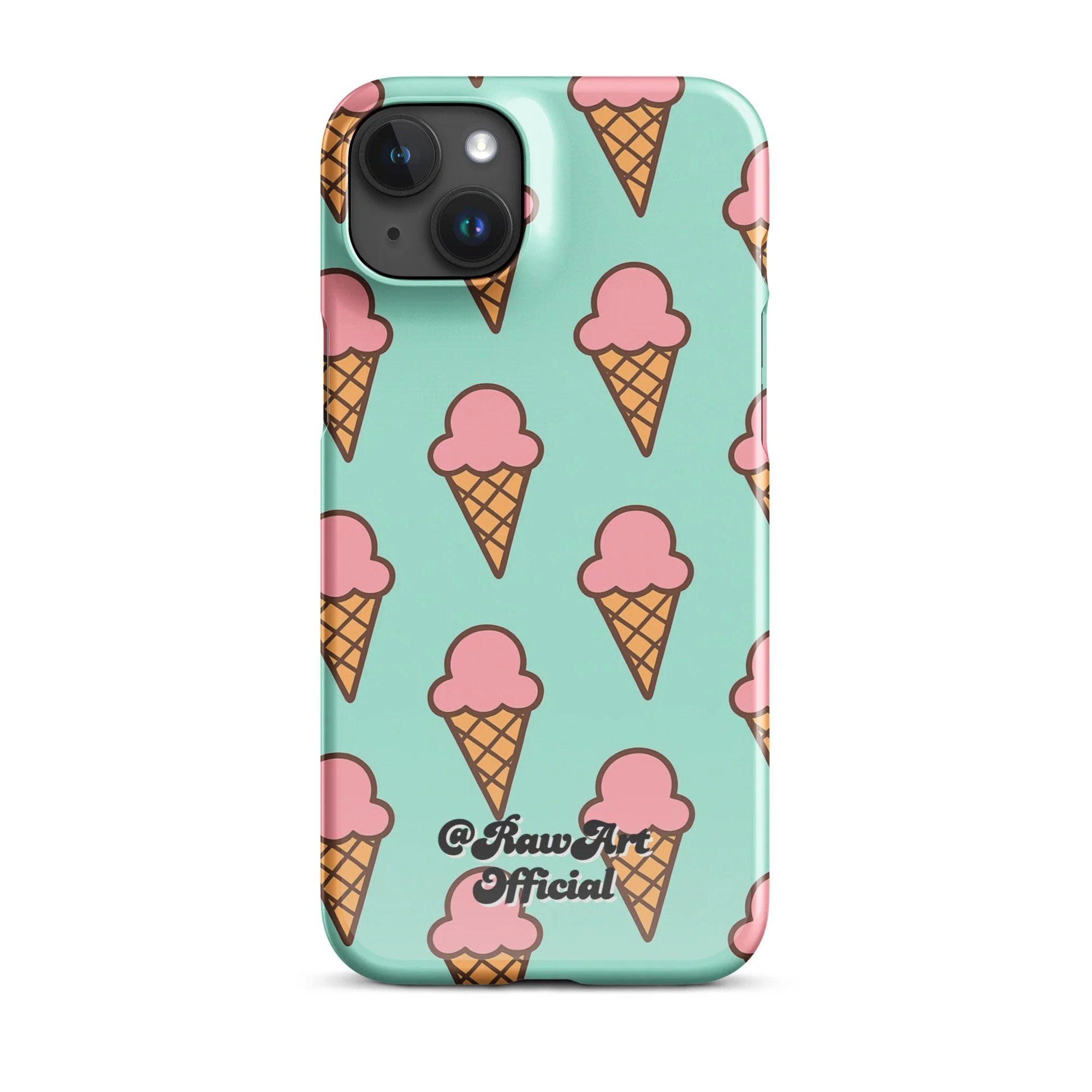 Mint green iPhone case with pink ice cream cone pattern, retro fun design.
