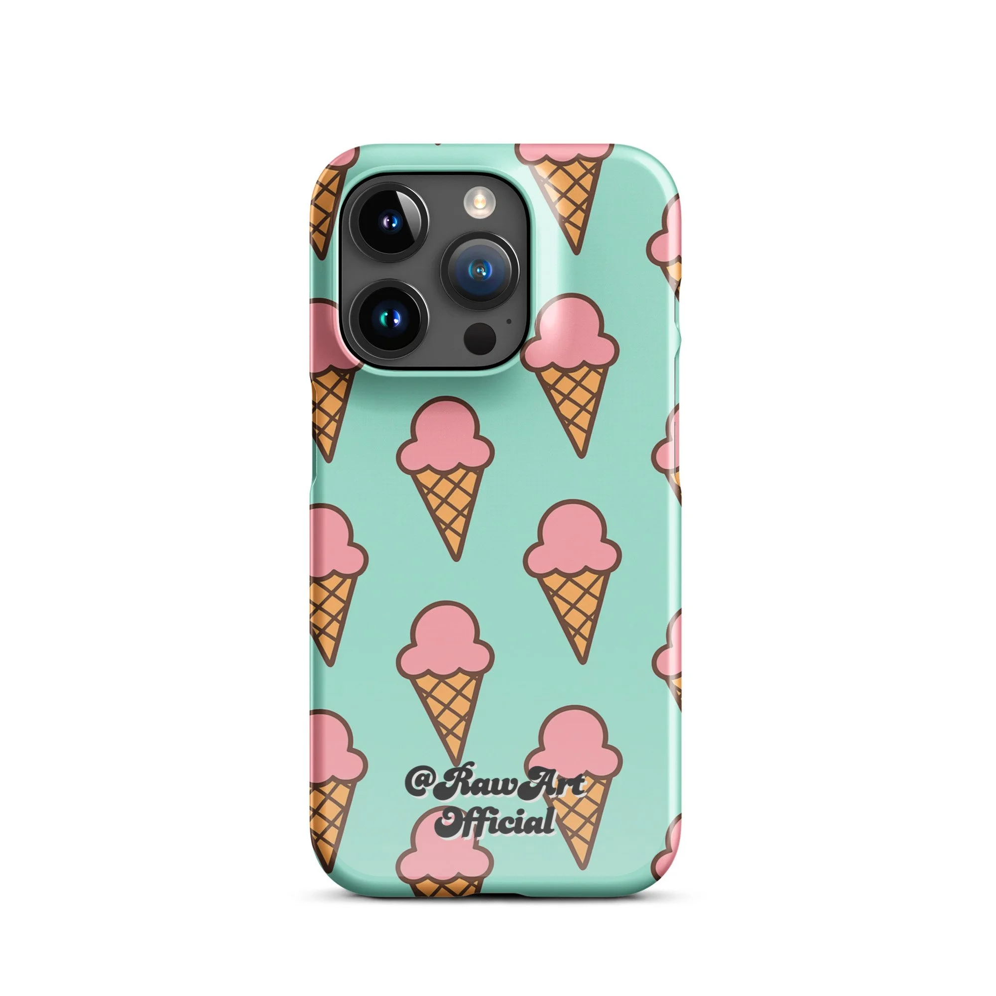 Mint green iPhone case with pink ice cream cone pattern, retro fun design.