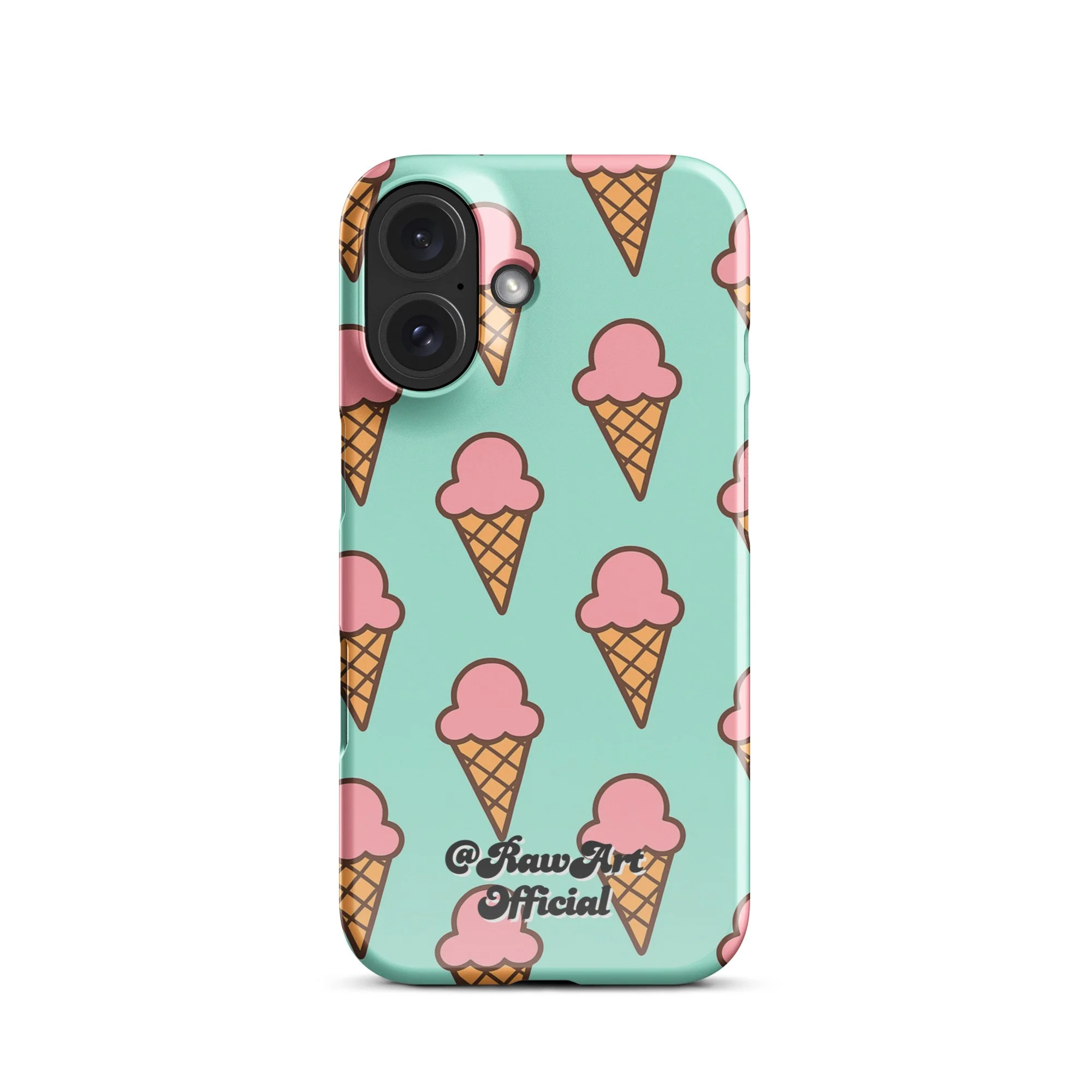 Mint green iPhone case with pink ice cream cone pattern, retro fun design.