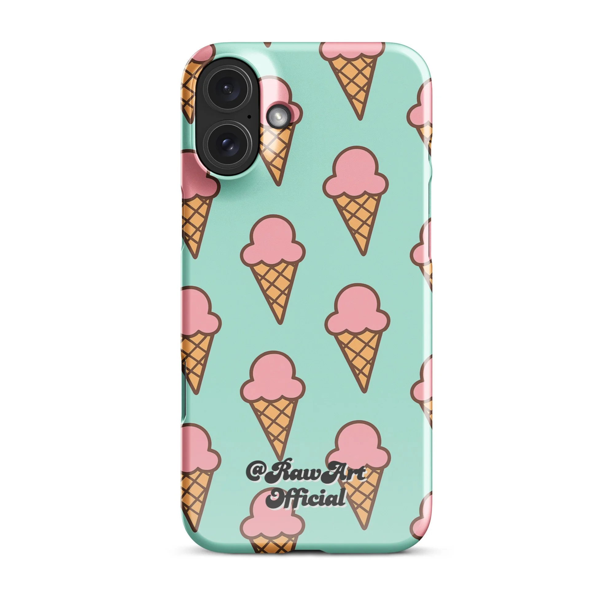 Mint green iPhone case with pink ice cream cone pattern, retro fun design.