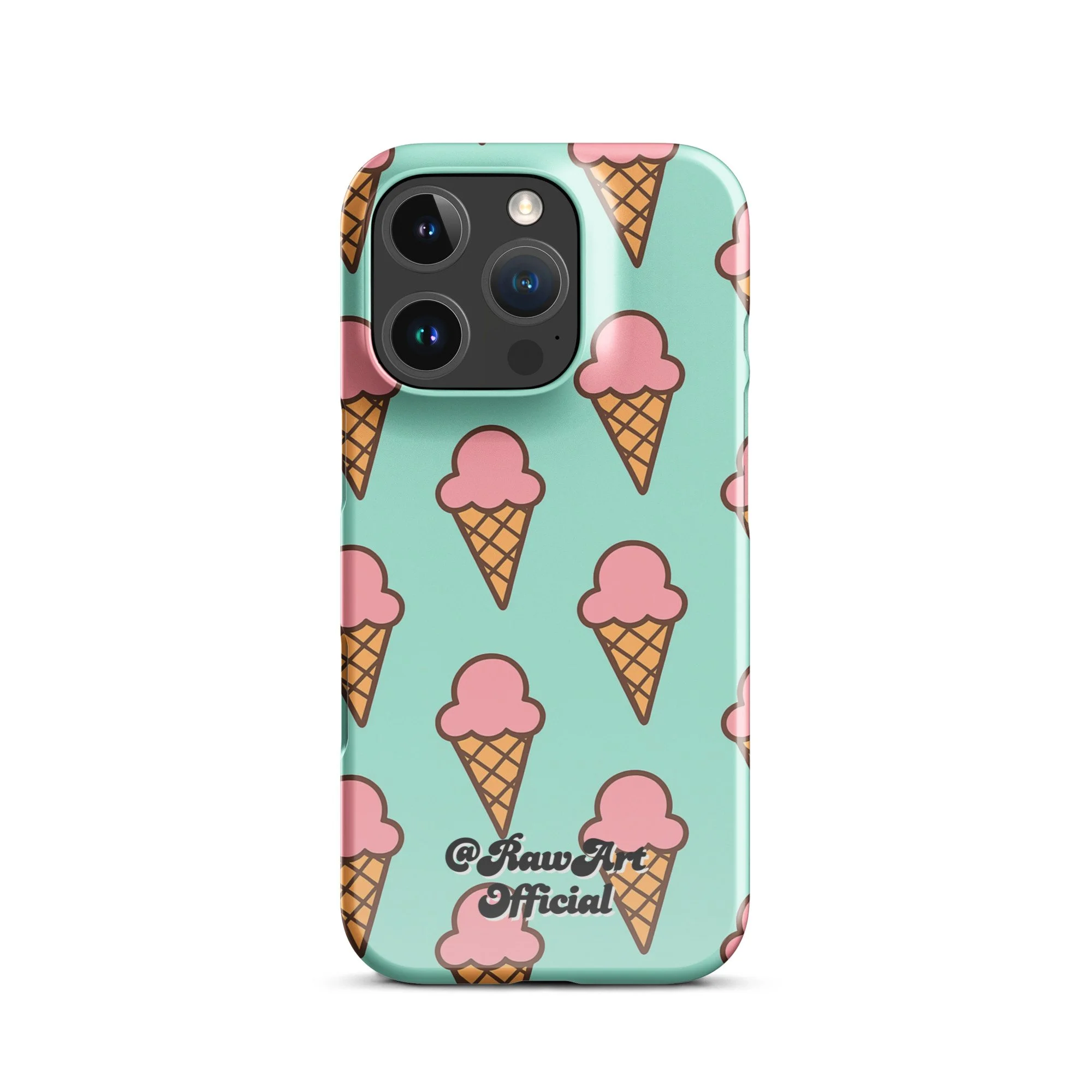 Mint green iPhone case with pink ice cream cone pattern, retro fun design.