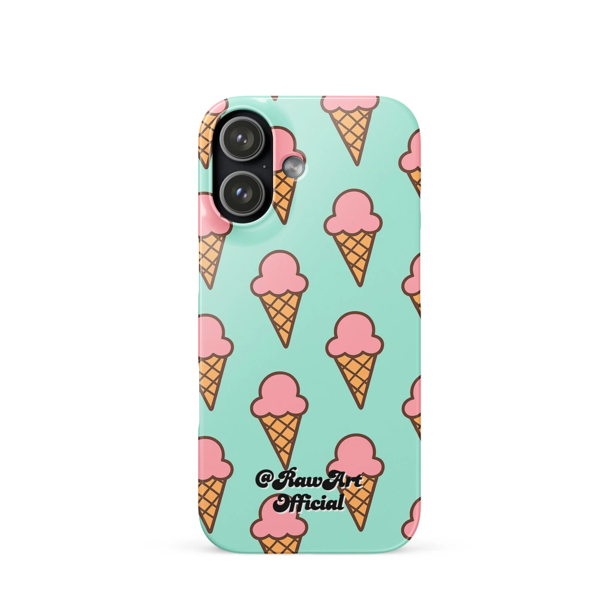 Mint green iPhone case with pink ice cream cone pattern, retro fun design.