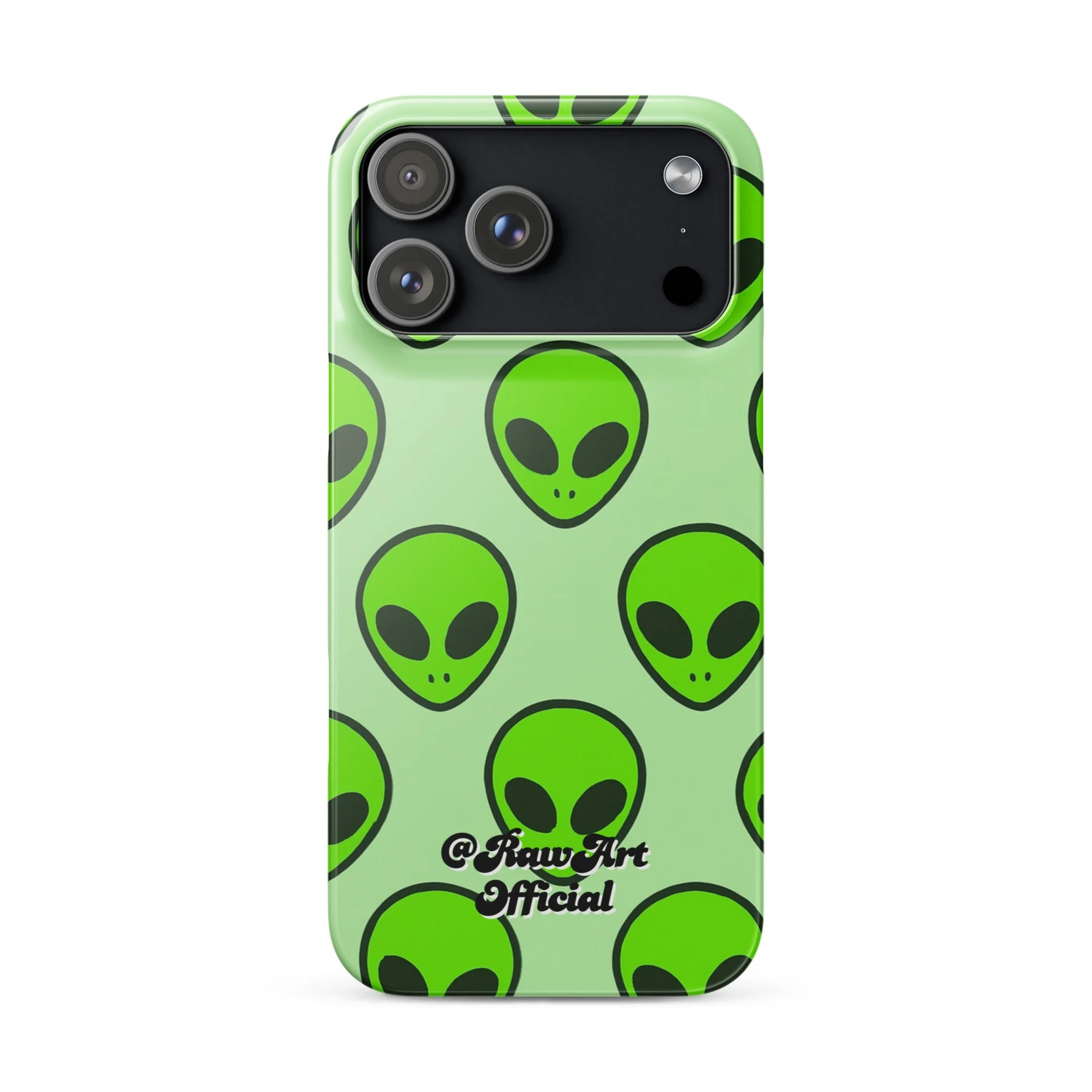 Mint green iPhone case with neon alien head pattern, retro space design.