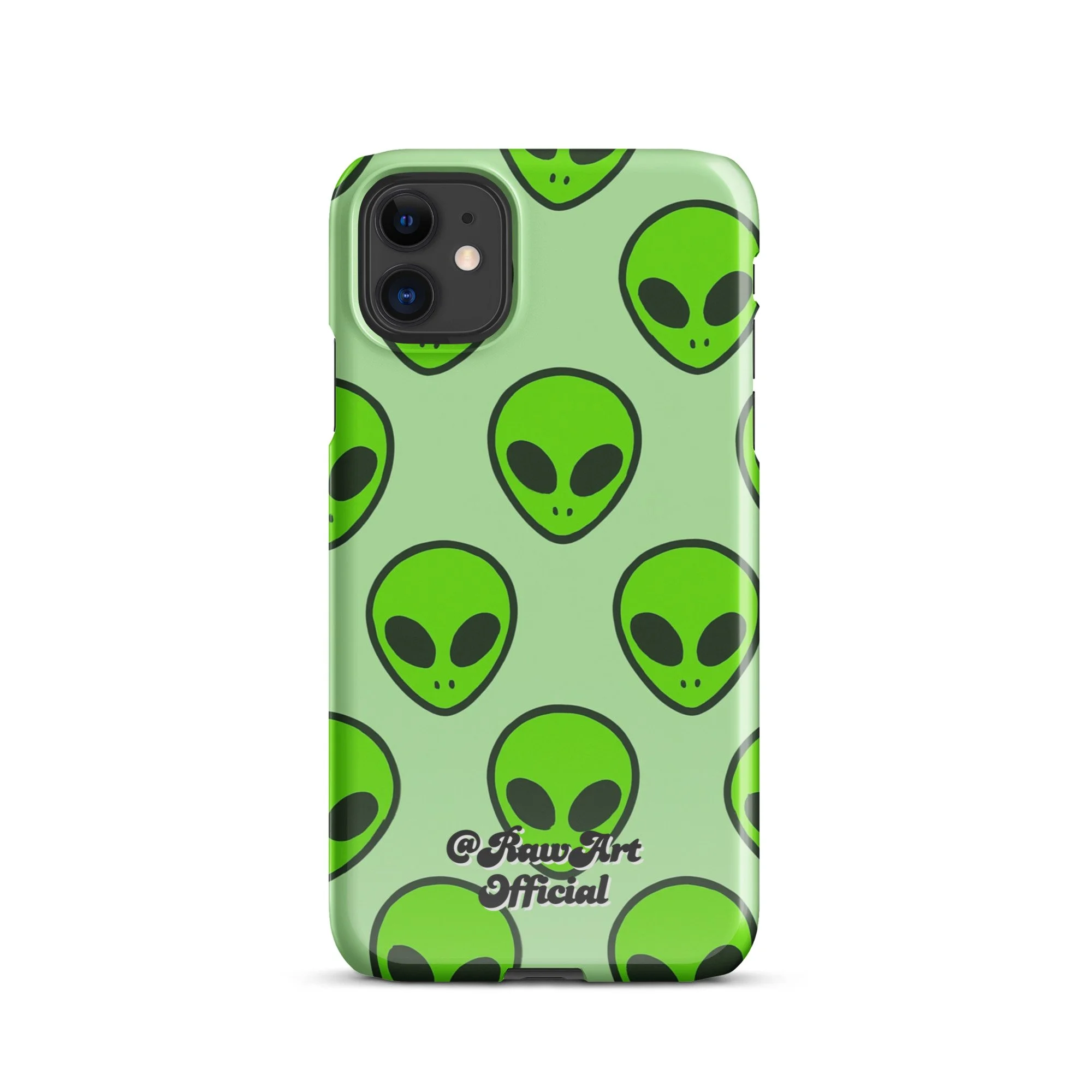 Mint green iPhone case with neon alien head pattern, retro space design.