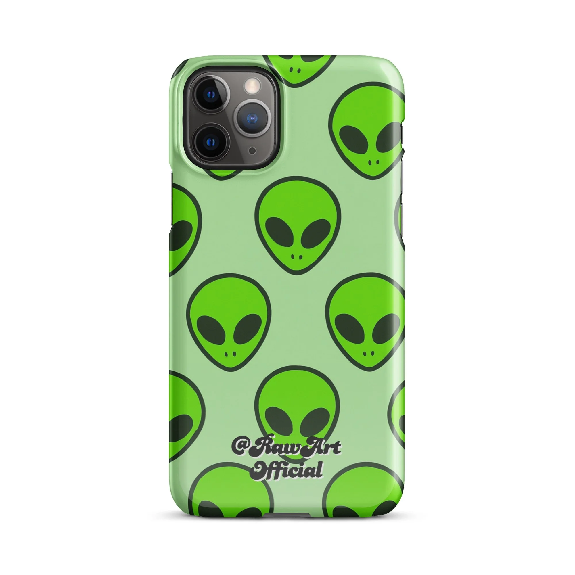Mint green iPhone case with neon alien head pattern, retro space design.