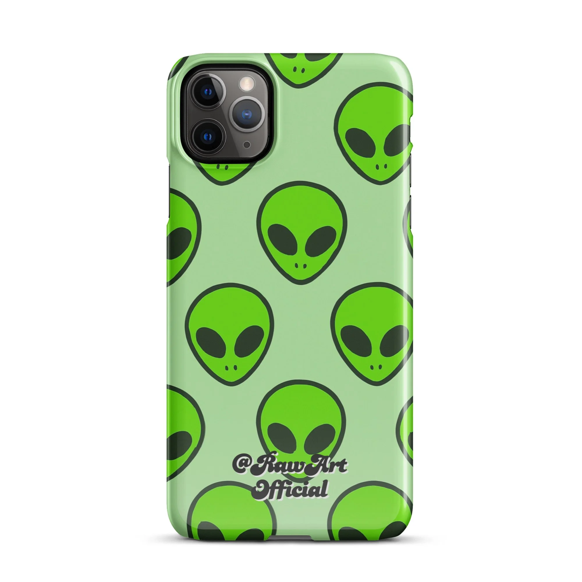 Mint green iPhone case with neon alien head pattern, retro space design.