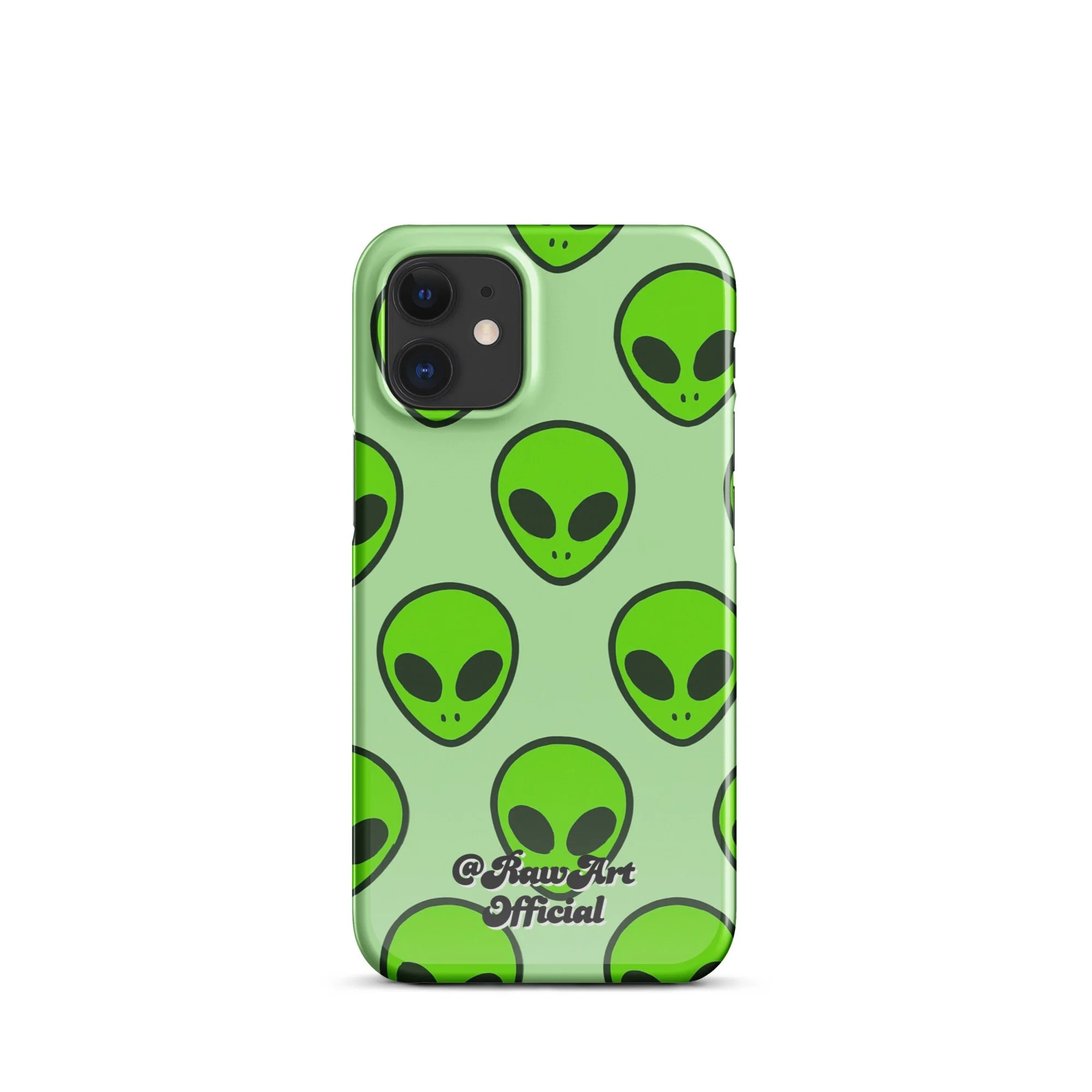 Mint green iPhone case with neon alien head pattern, retro space design.