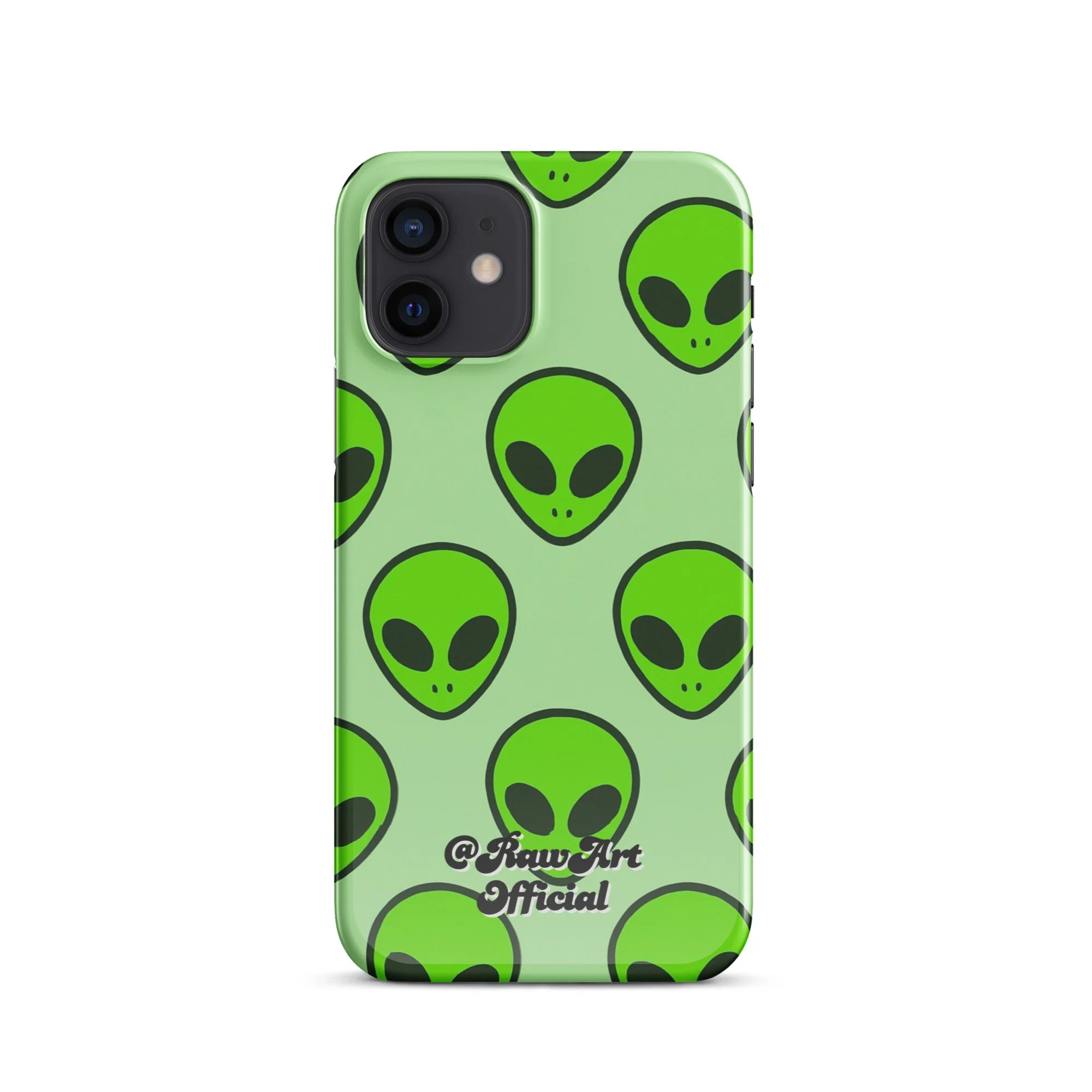 Mint green iPhone case with neon alien head pattern, retro space design.