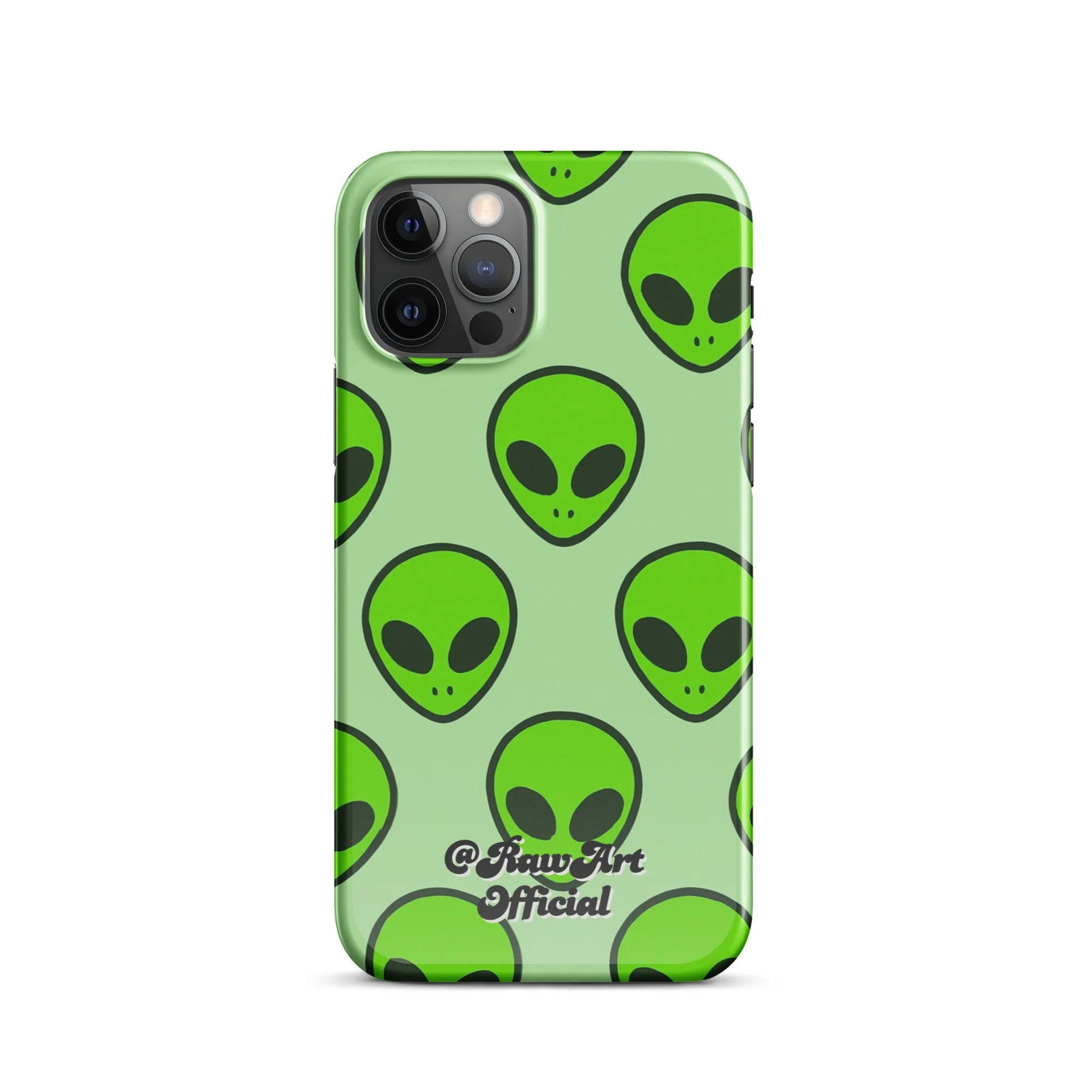 Mint green iPhone case with neon alien head pattern, retro space design.
