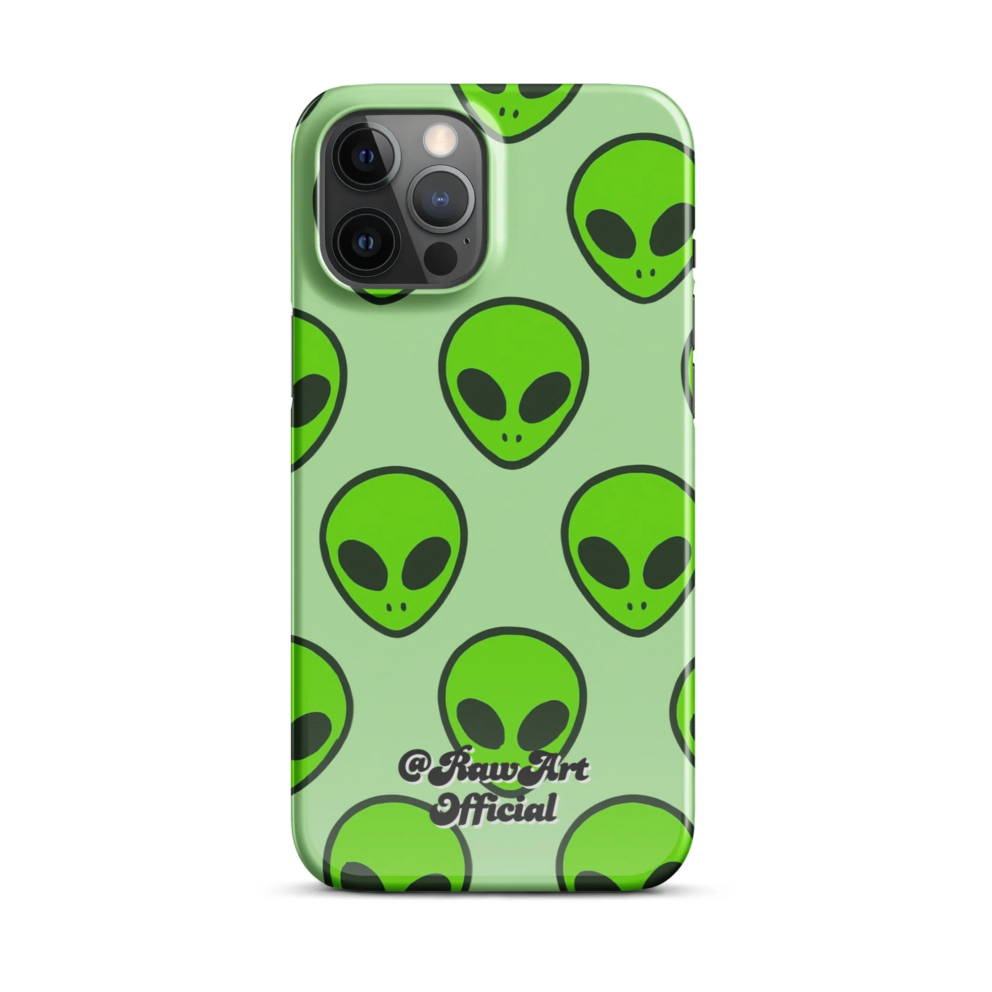 Mint green iPhone case with neon alien head pattern, retro space design.