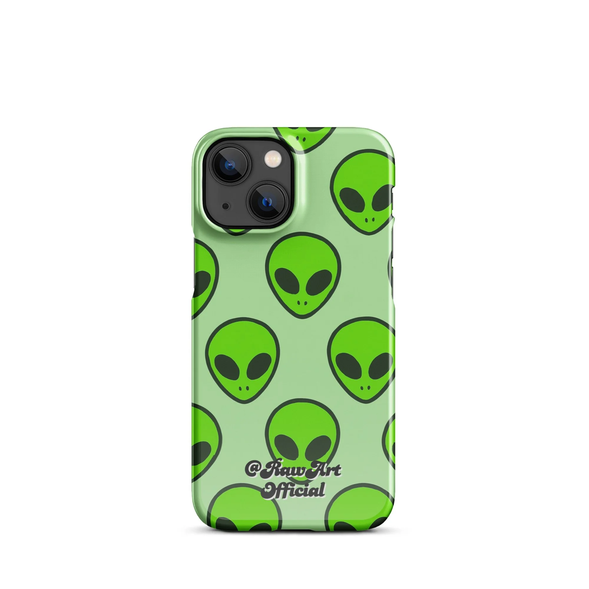 Mint green iPhone case with neon alien head pattern, retro space design.
