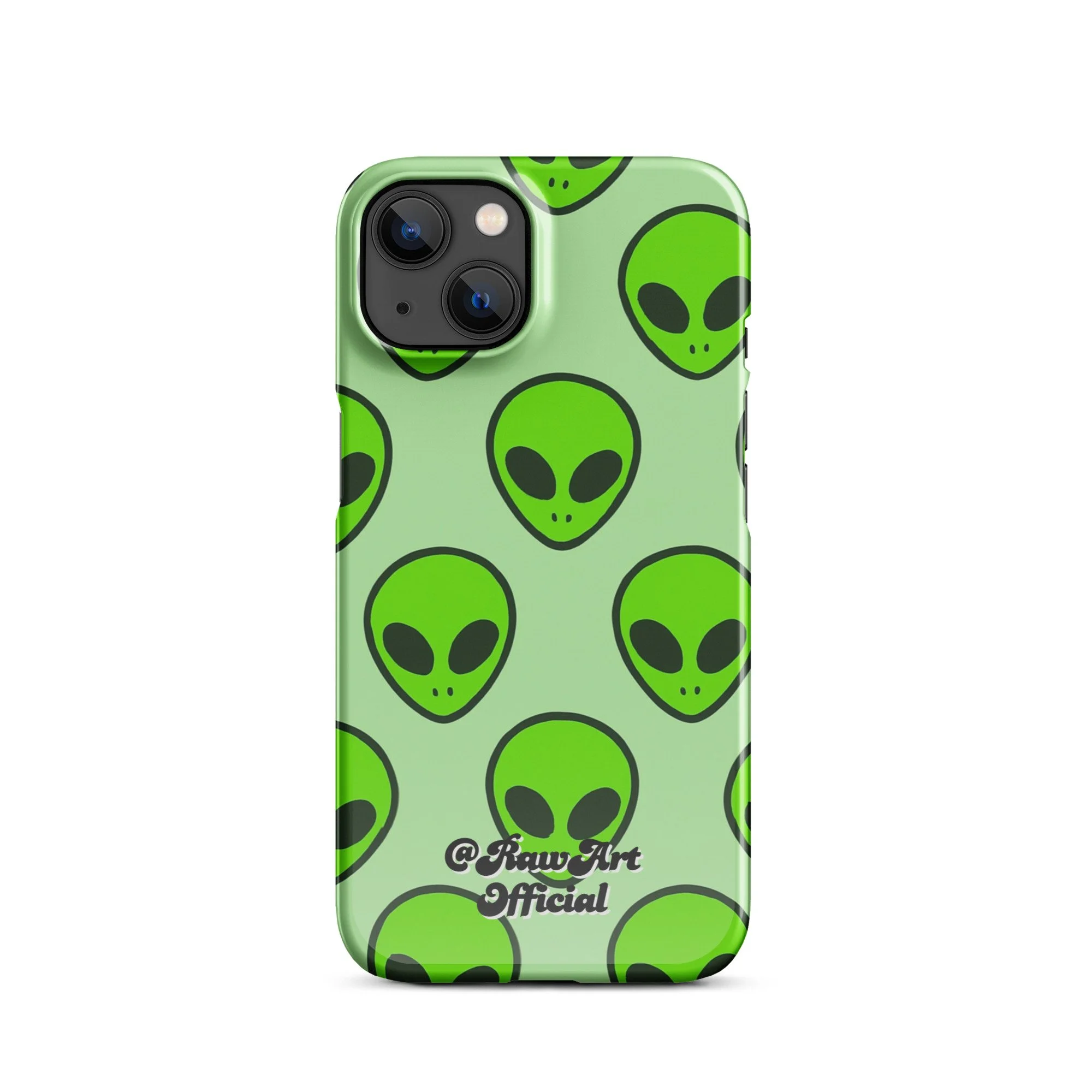 Mint green iPhone case with neon alien head pattern, retro space design.