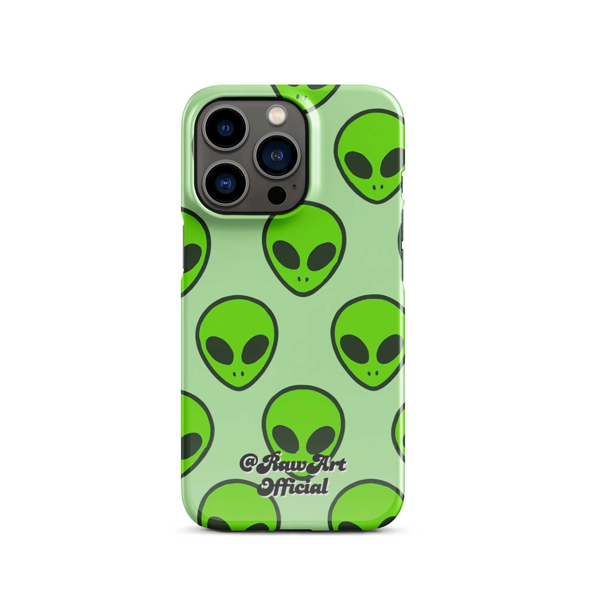 Mint green iPhone case with neon alien head pattern, retro space design.