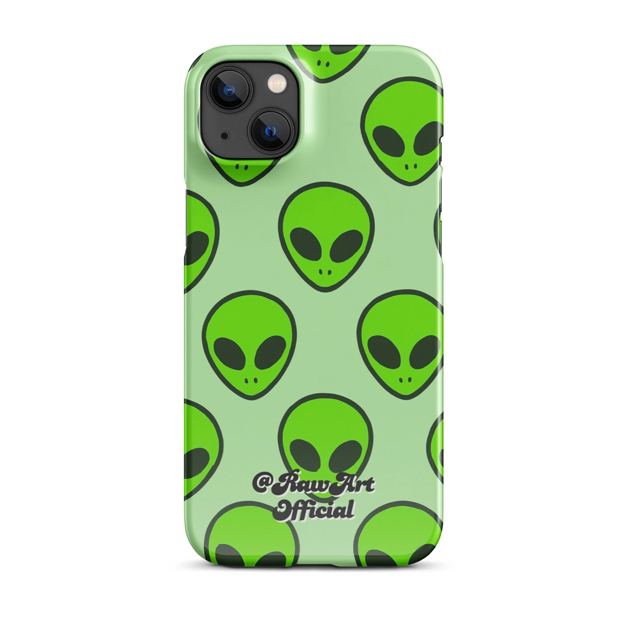 Mint green iPhone case with neon alien head pattern, retro space design.