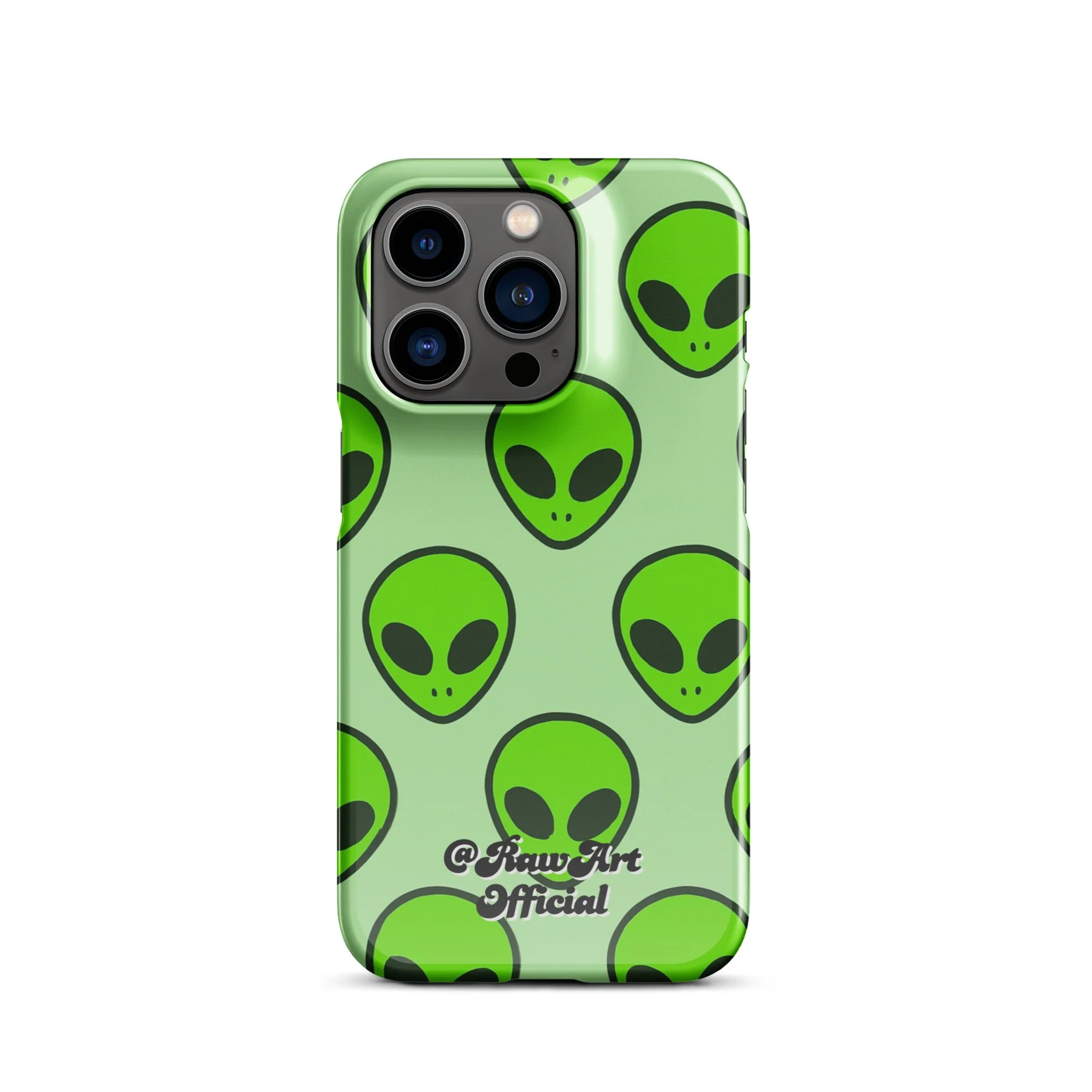 Mint green iPhone case with neon alien head pattern, retro space design.