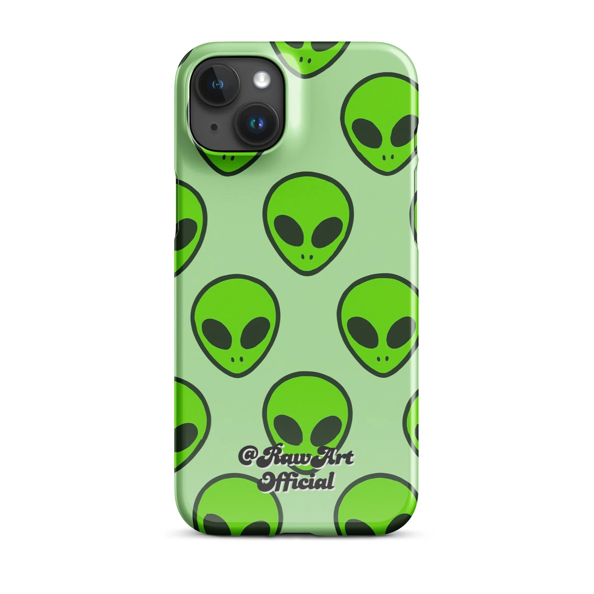 Mint green iPhone case with neon alien head pattern, retro space design.