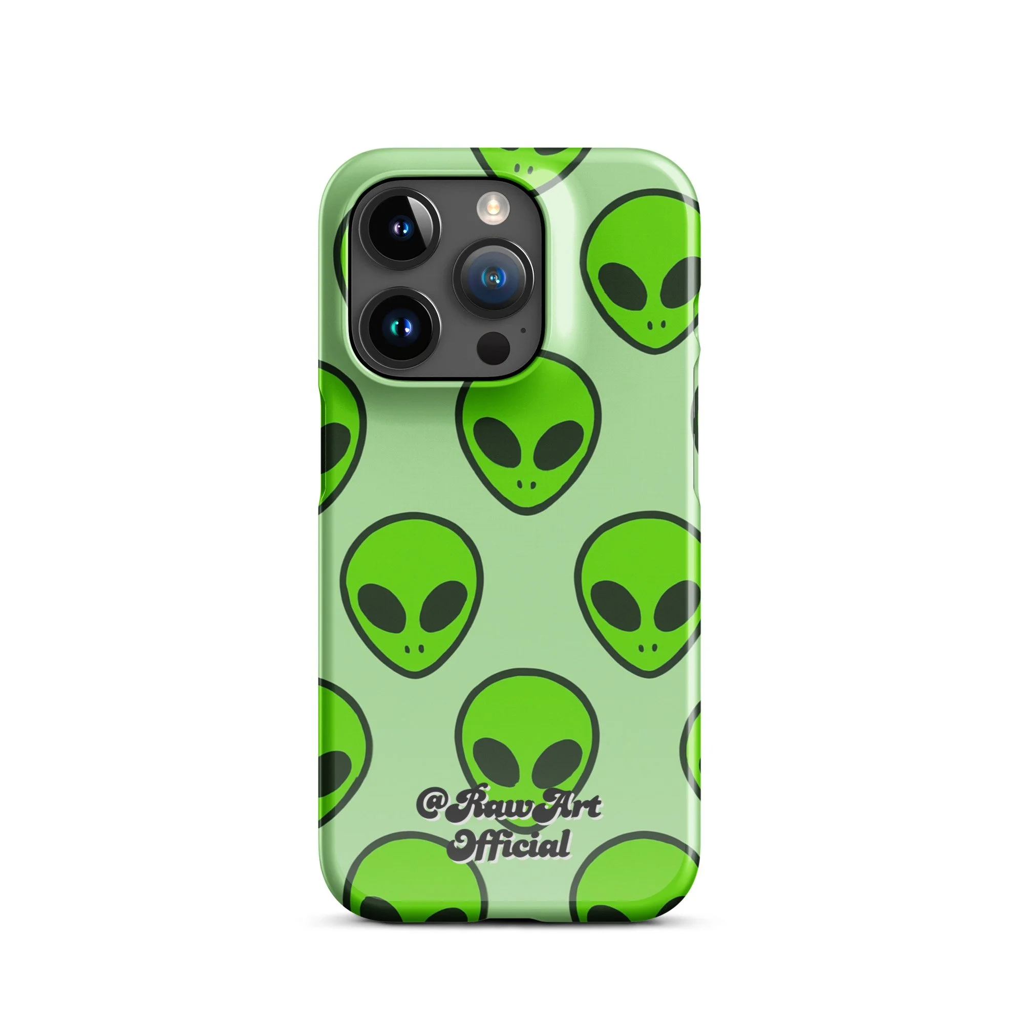 Mint green iPhone case with neon alien head pattern, retro space design.
