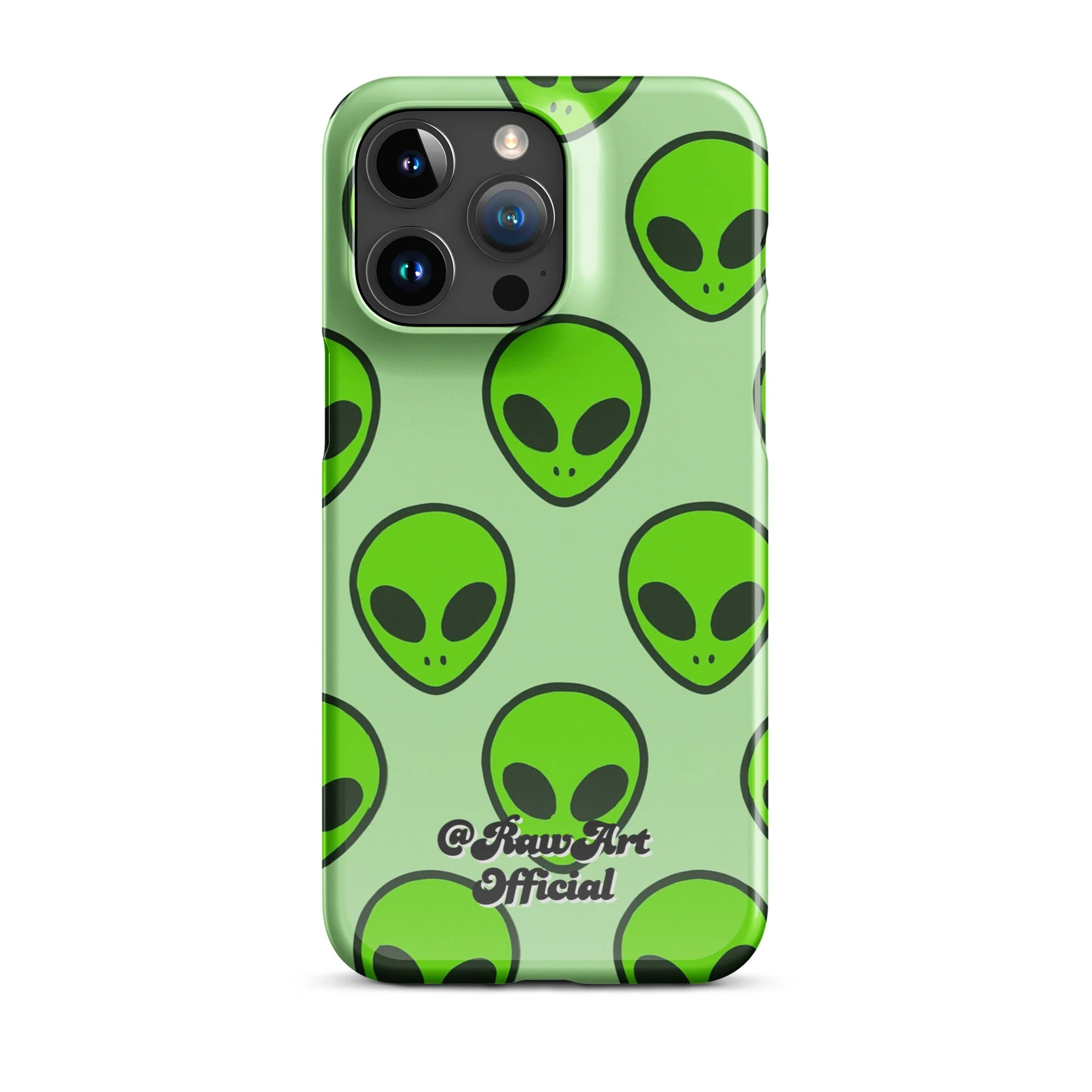 Mint green iPhone case with neon alien head pattern, retro space design.