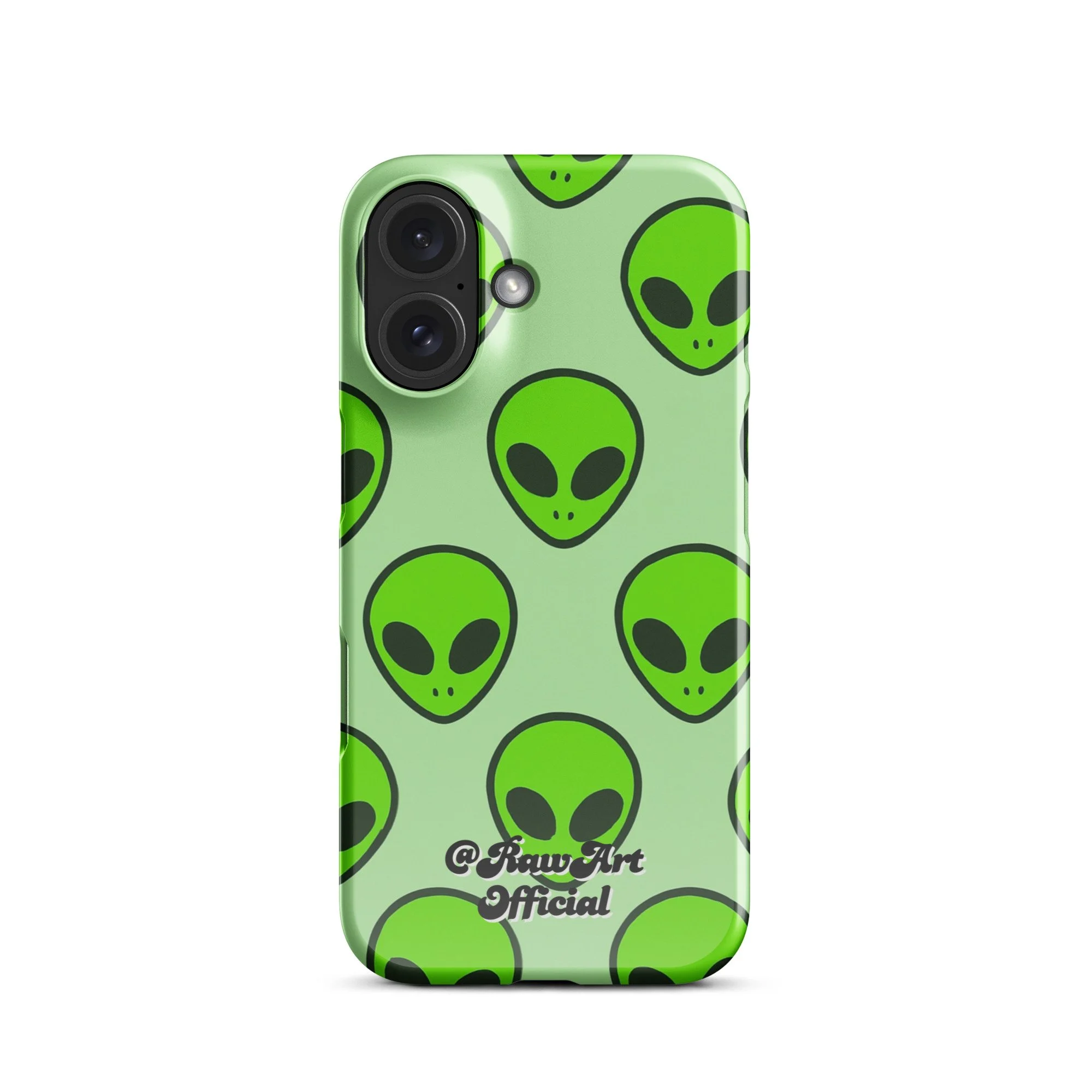 Mint green iPhone case with neon alien head pattern, retro space design.