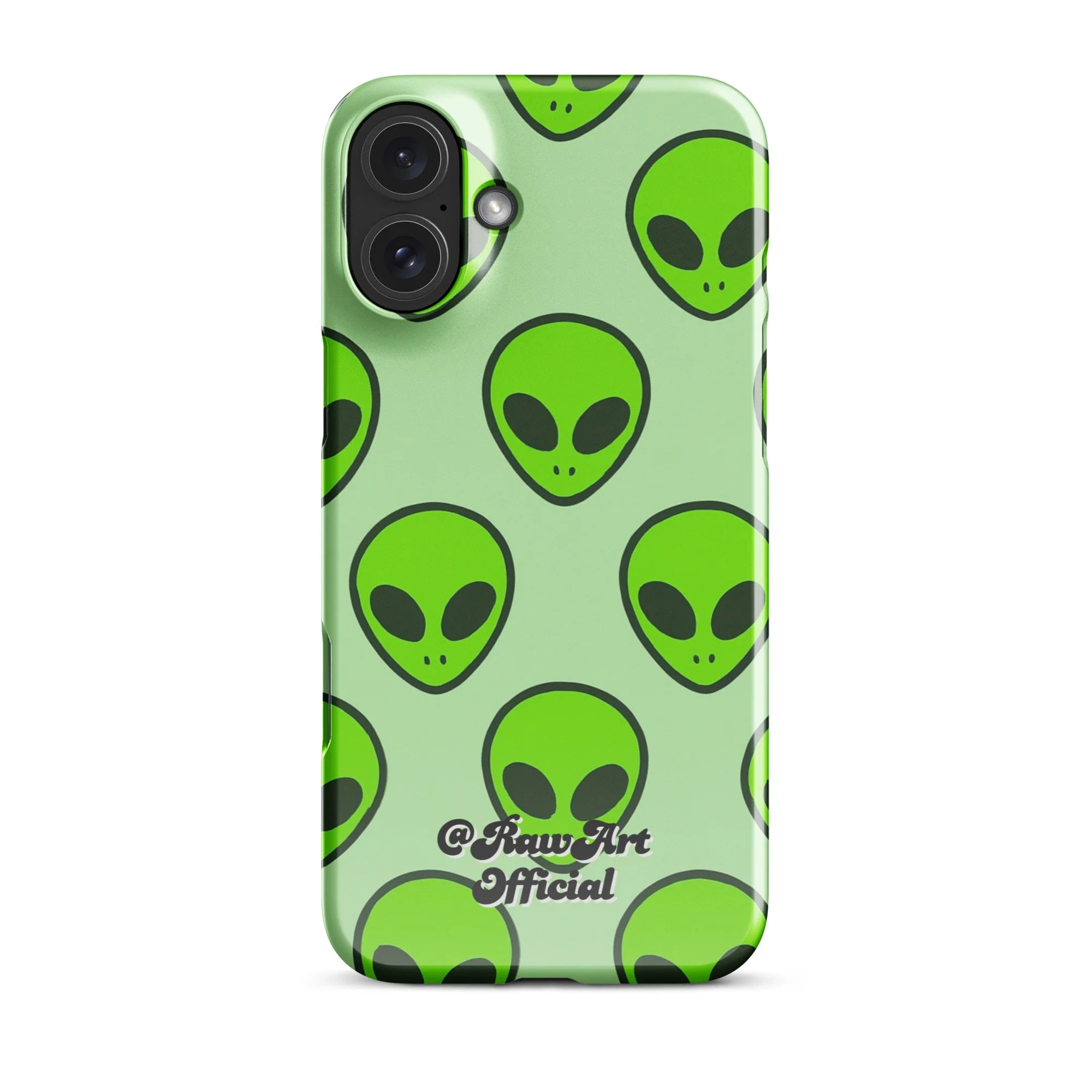 Mint green iPhone case with neon alien head pattern, retro space design.
