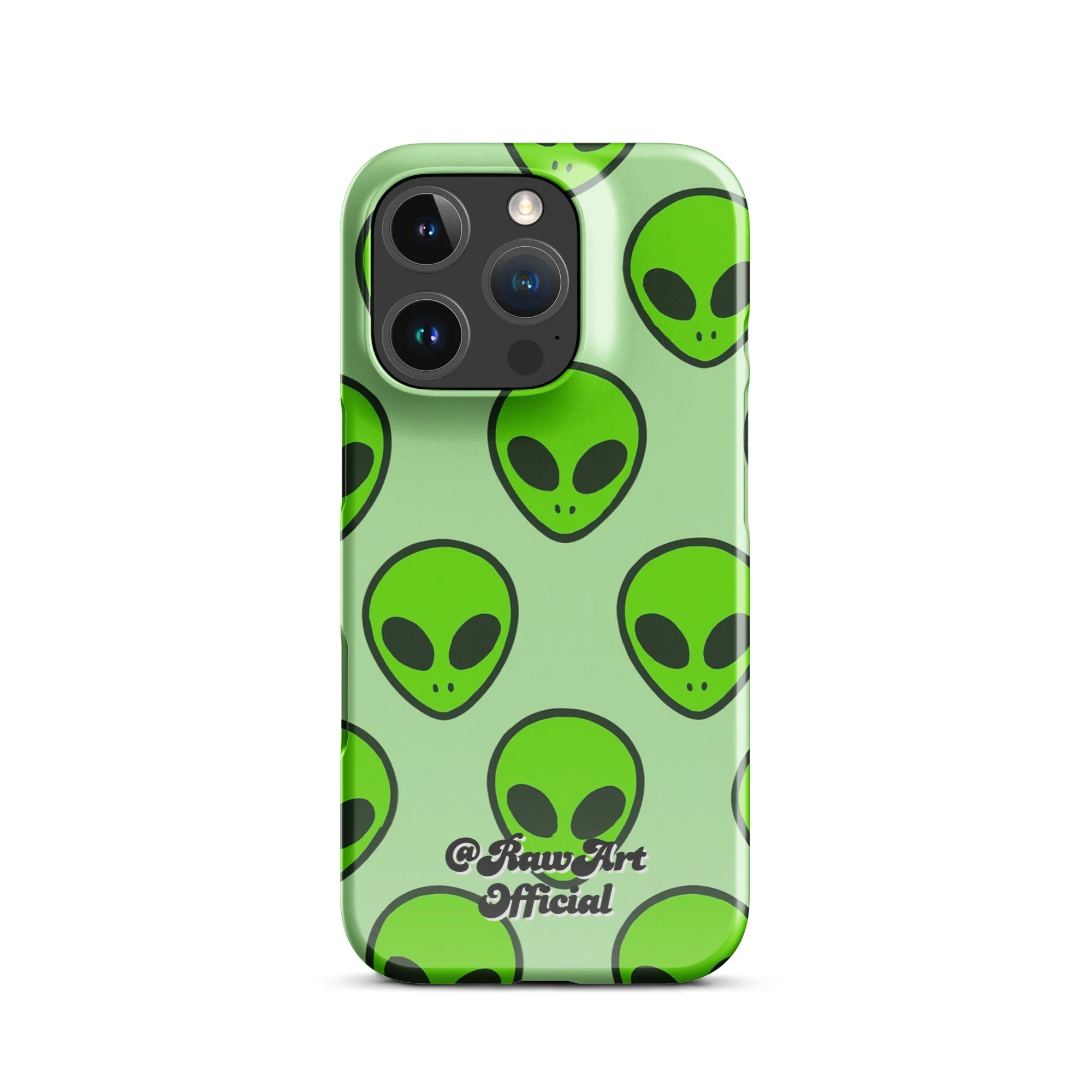 Mint green iPhone case with neon alien head pattern, retro space design.