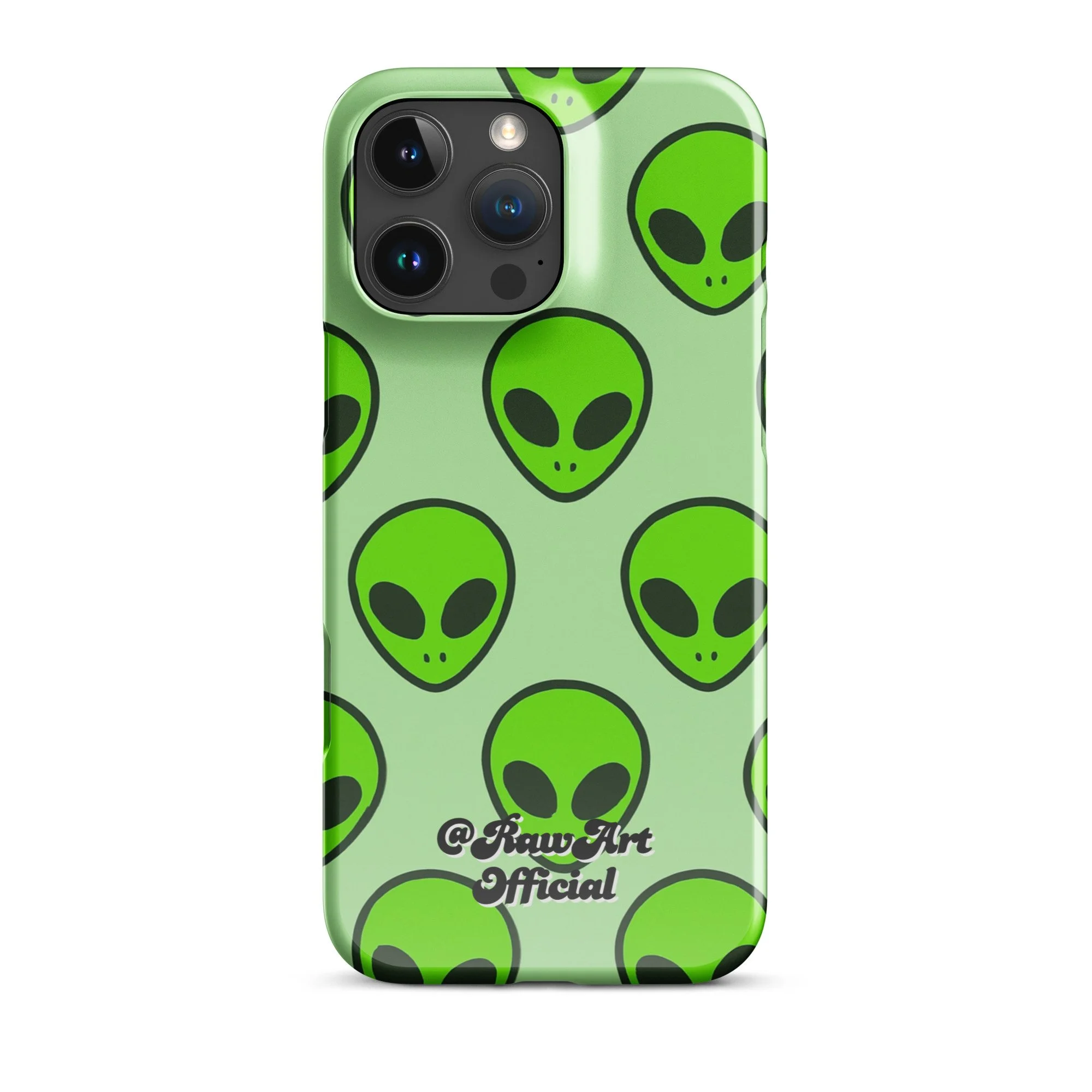 Mint green iPhone case with neon alien head pattern, retro space design.