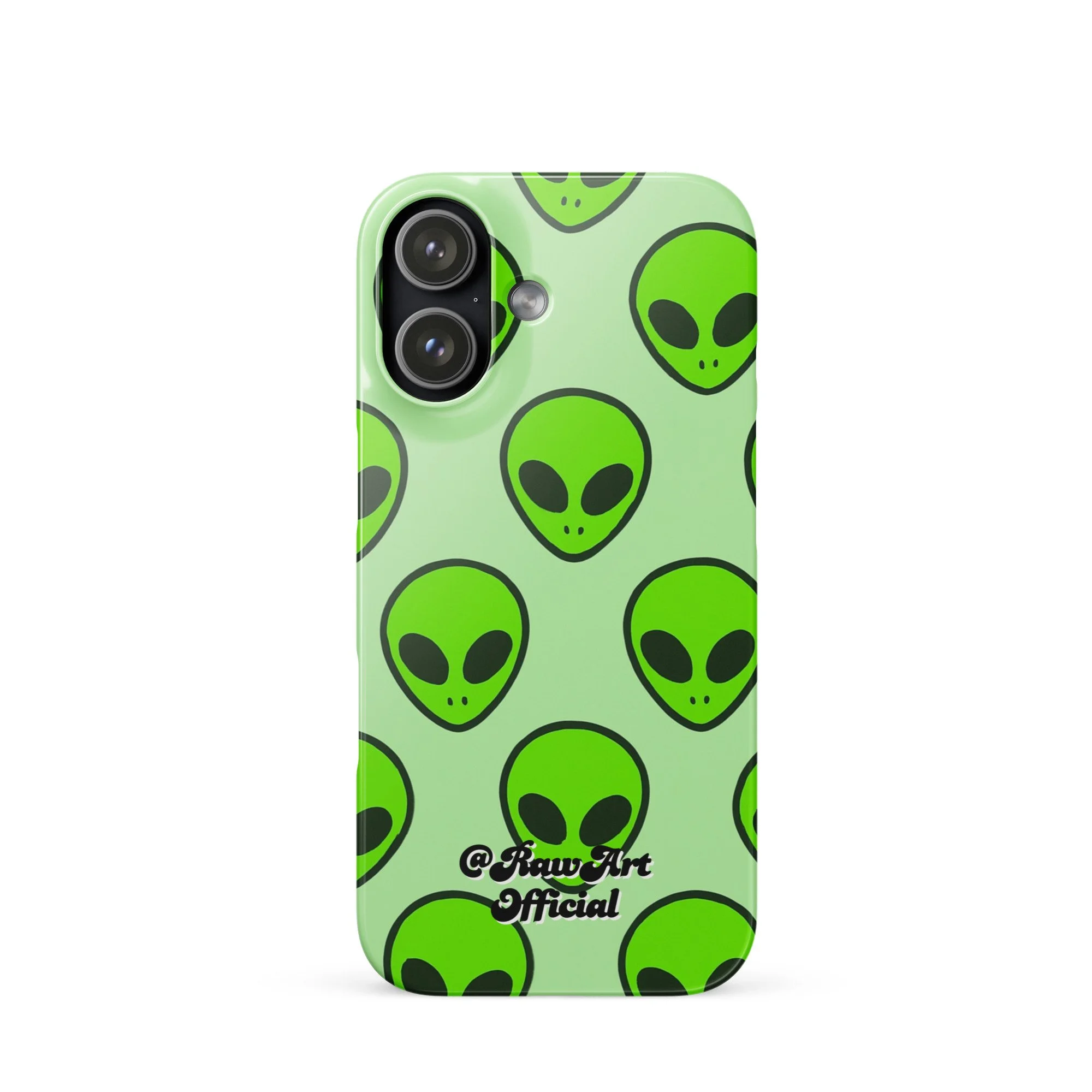 Mint green iPhone case with neon alien head pattern, retro space design.