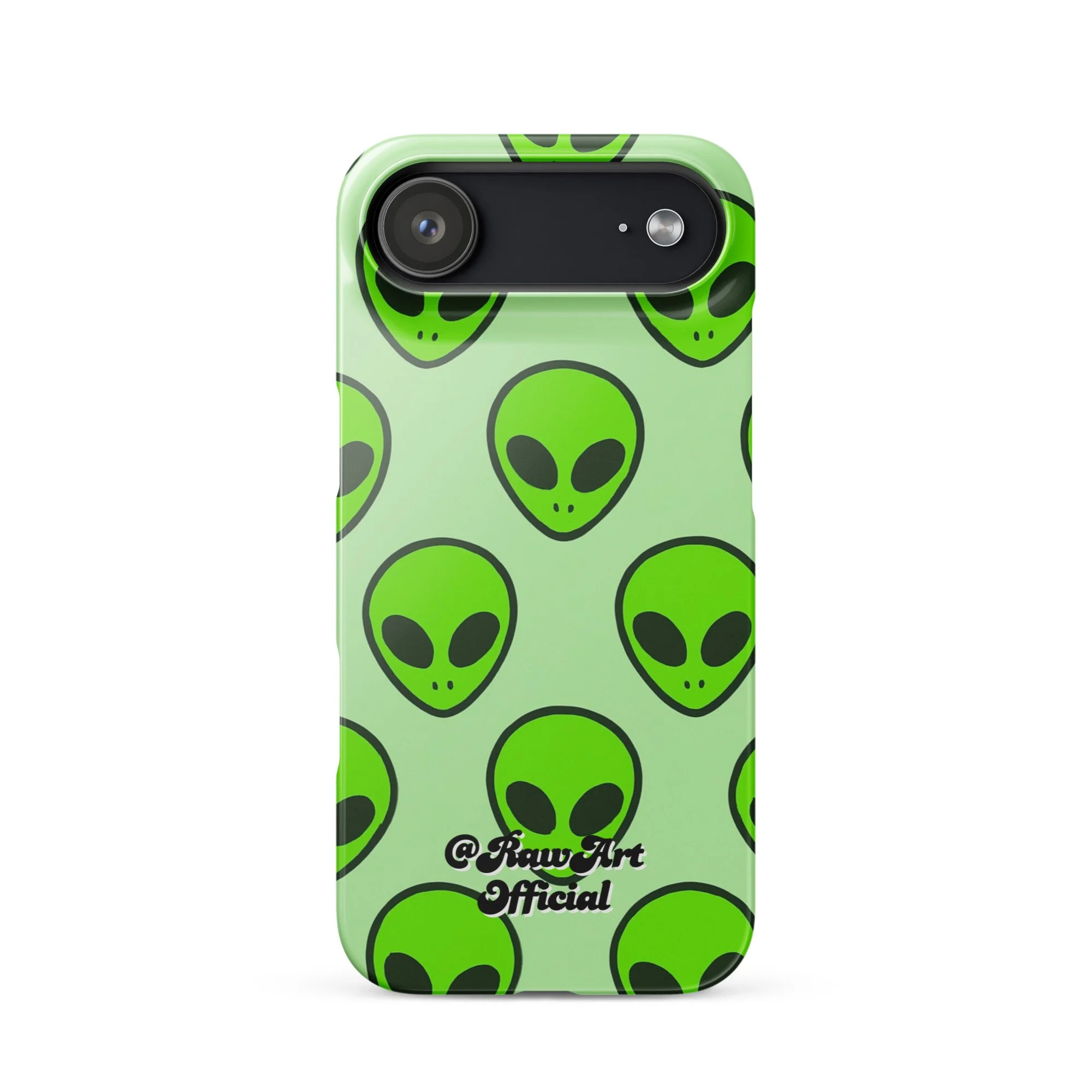 Mint green iPhone case with neon alien head pattern, retro space design.