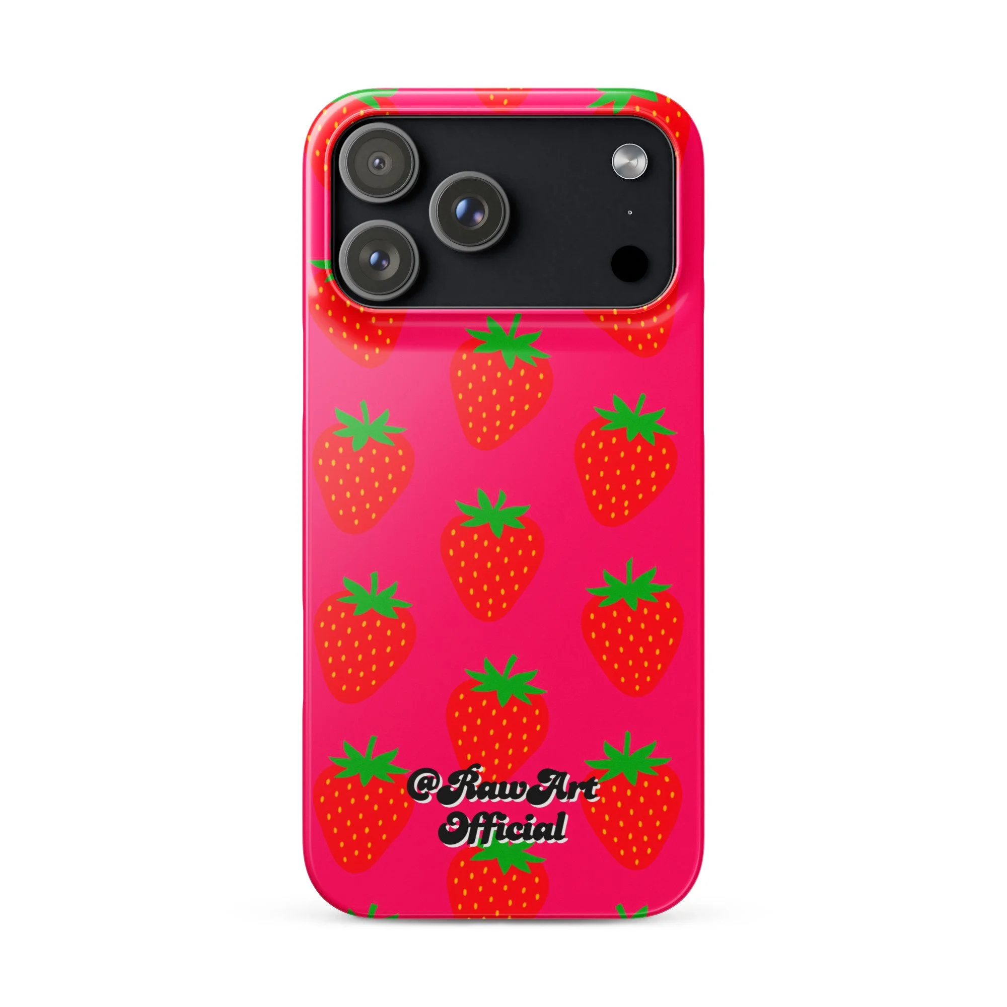 Hot pink iPhone case with red strawberry pattern, retro fruity design.