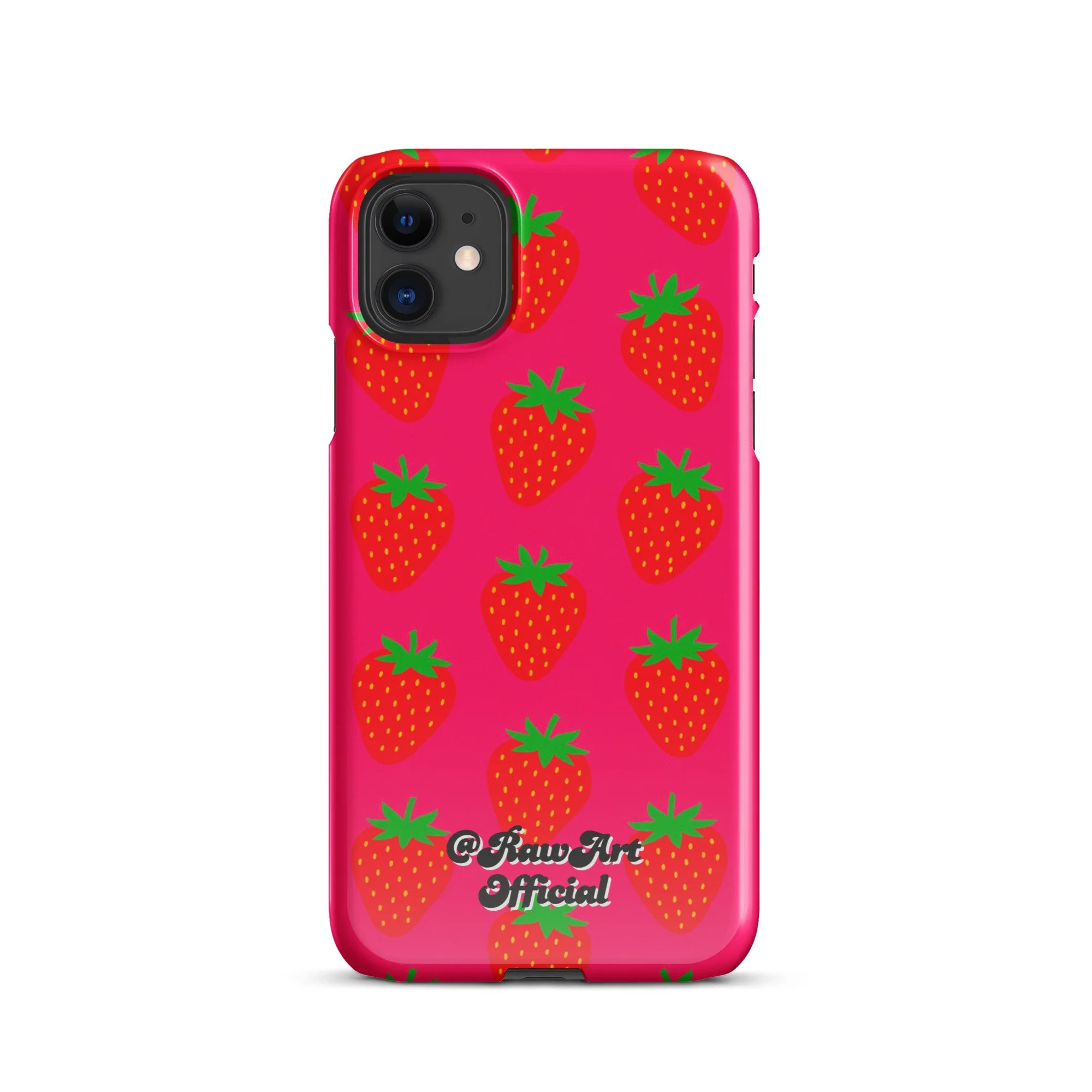 Hot pink iPhone case with red strawberry pattern, retro fruity design.