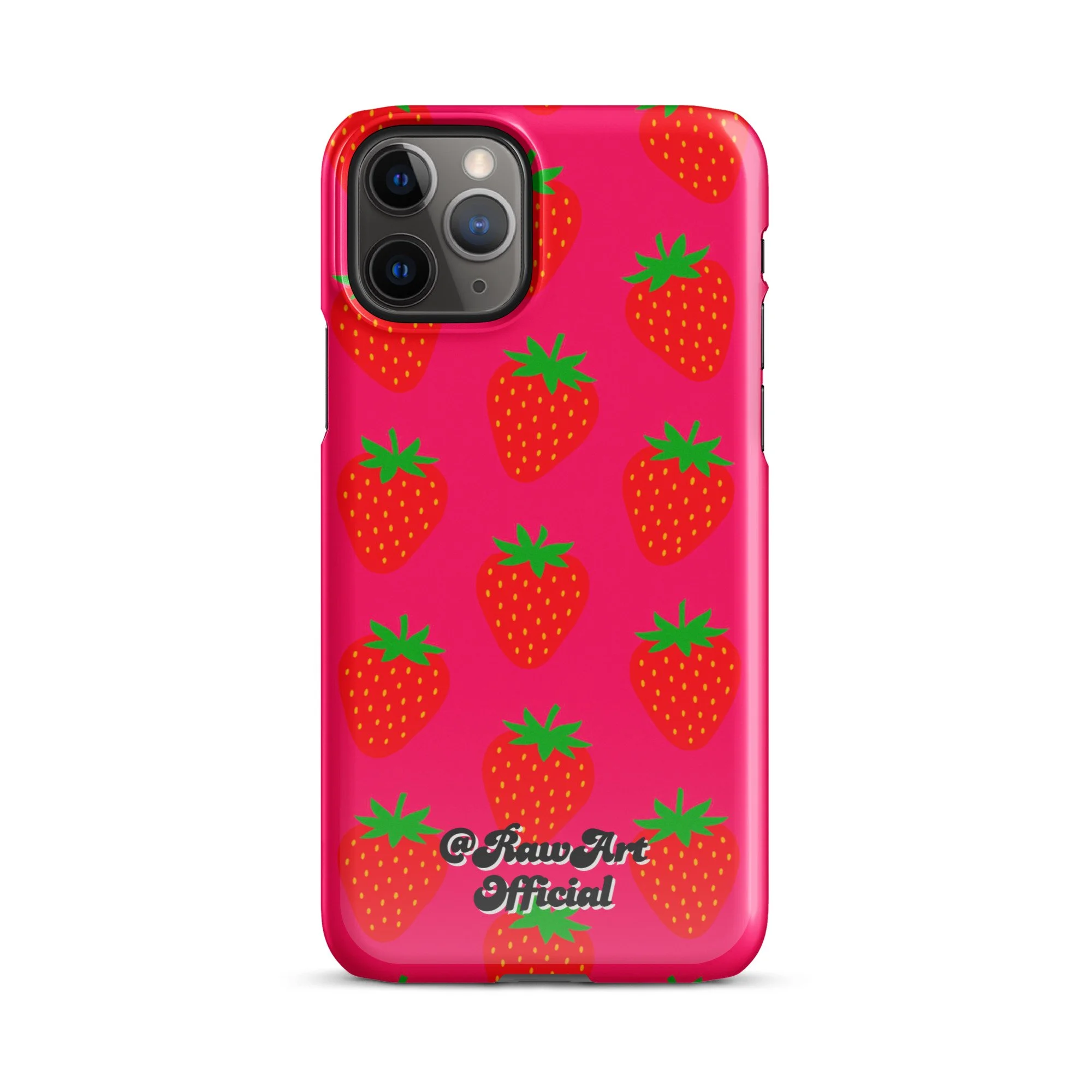 Hot pink iPhone case with red strawberry pattern, retro fruity design.