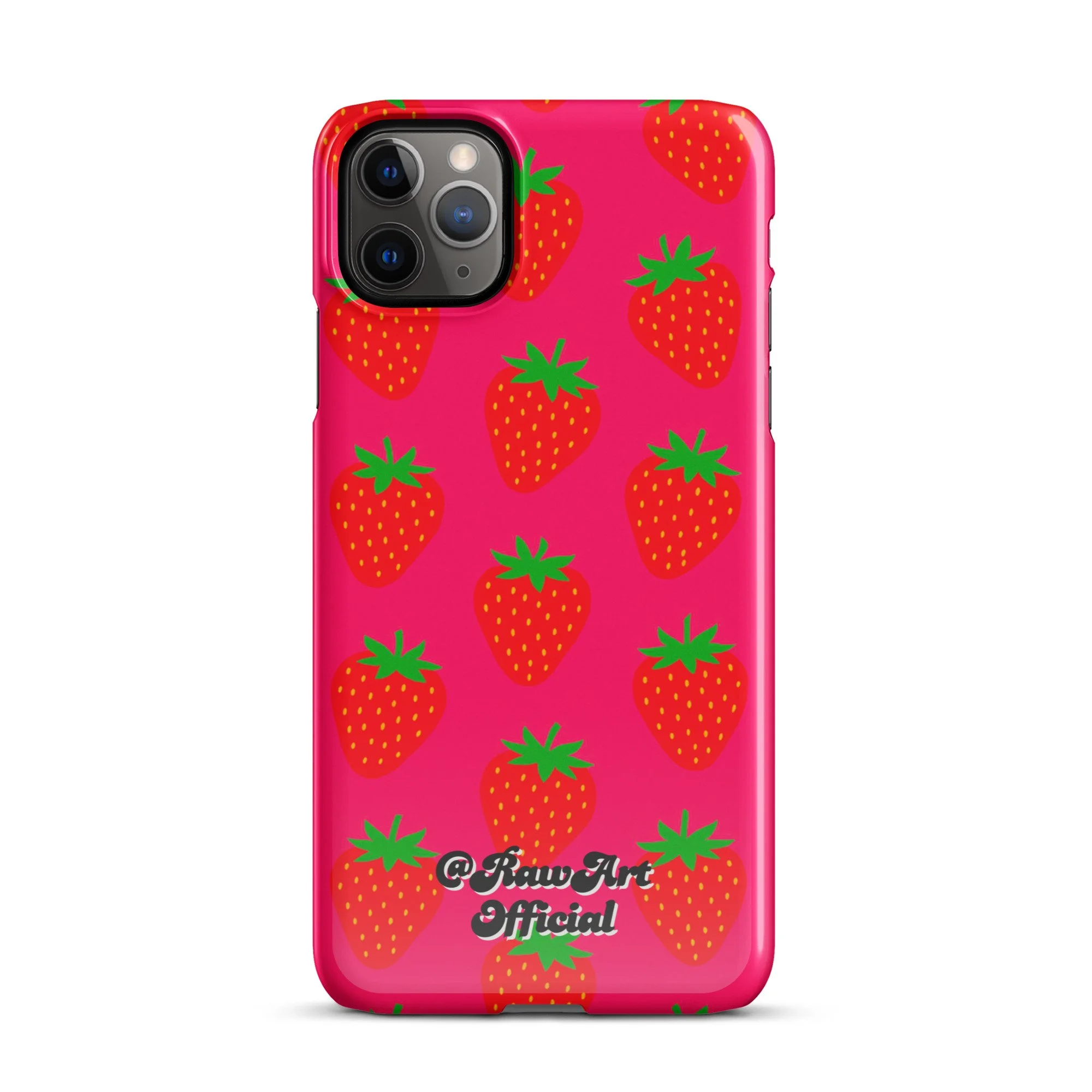 Hot pink iPhone case with red strawberry pattern, retro fruity design.