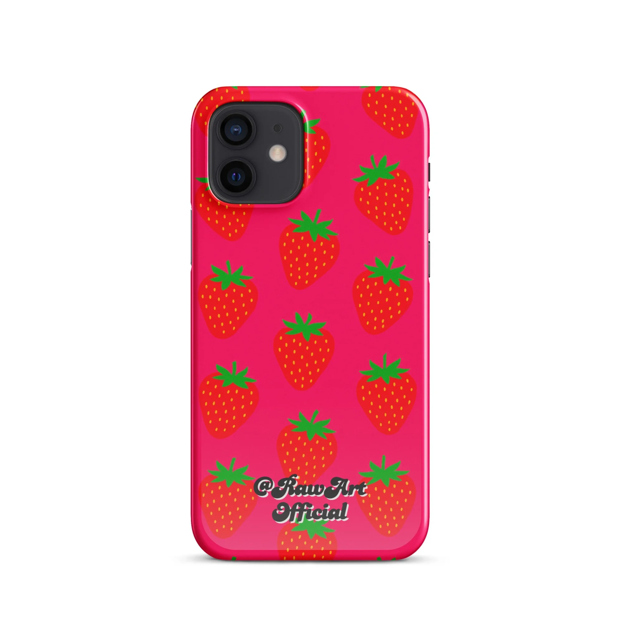 Hot pink iPhone case with red strawberry pattern, retro fruity design.