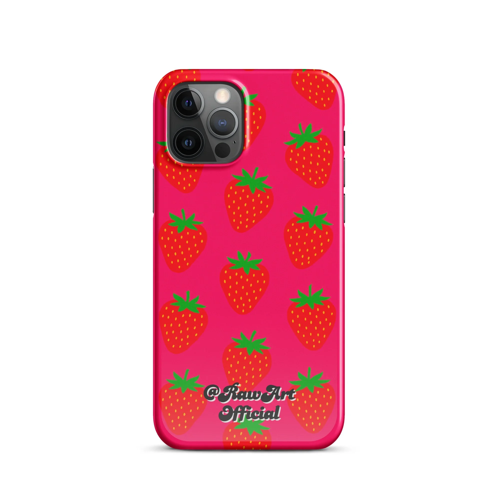 Hot pink iPhone case with red strawberry pattern, retro fruity design.