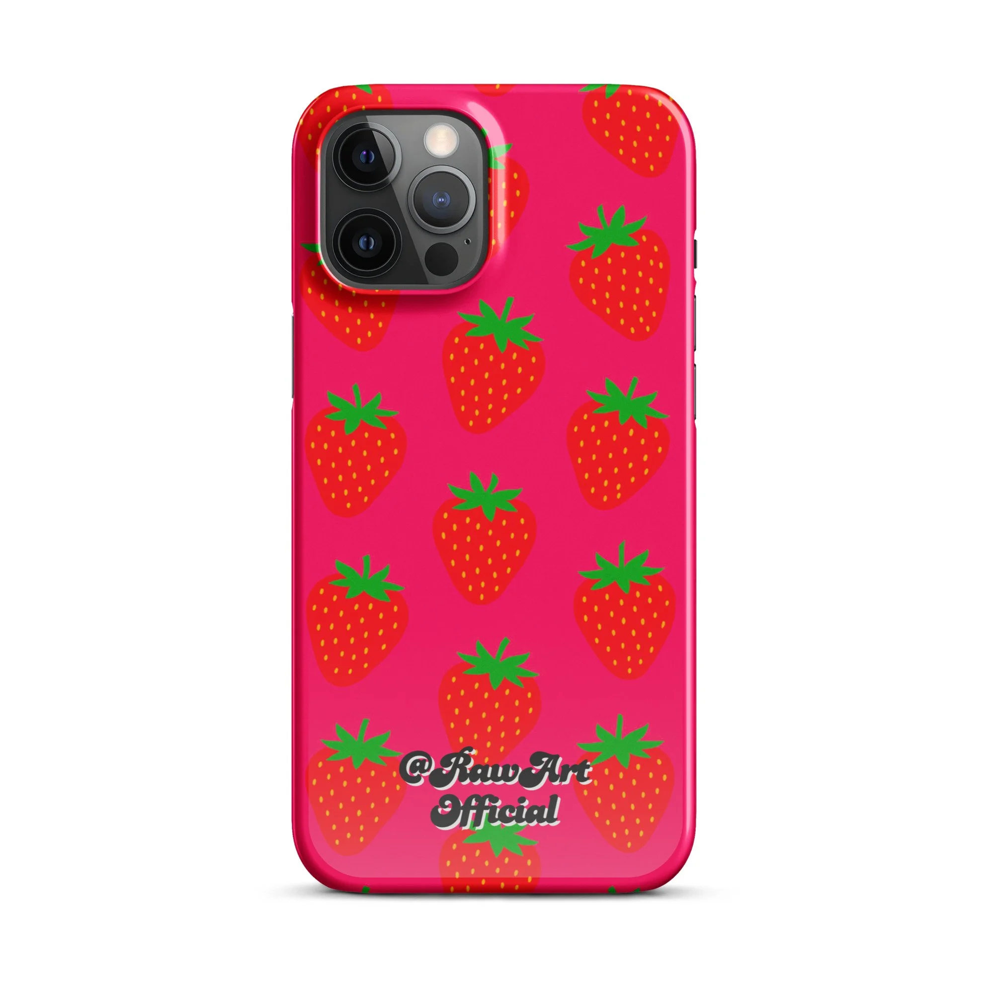 Hot pink iPhone case with red strawberry pattern, retro fruity design.