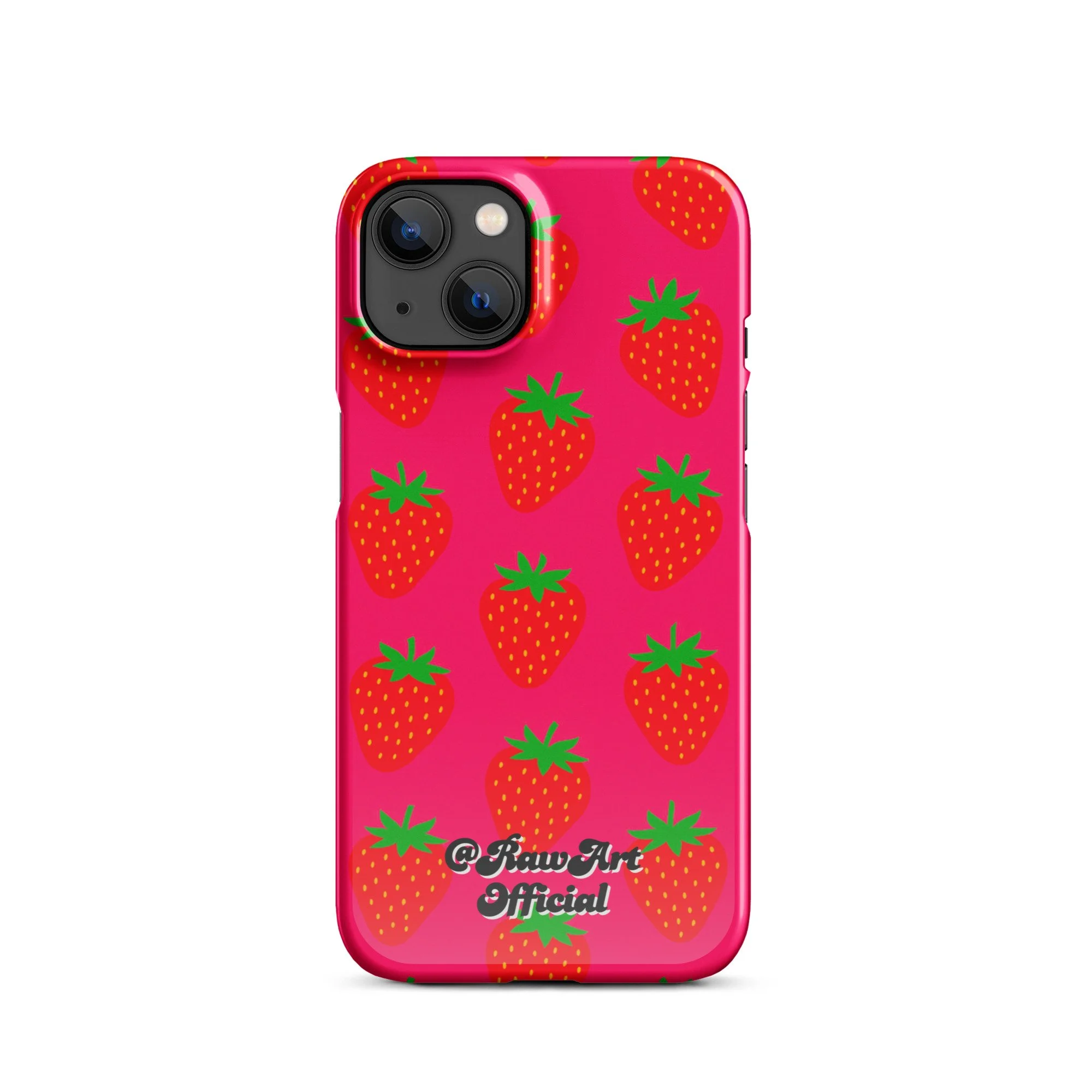 Hot pink iPhone case with red strawberry pattern, retro fruity design.