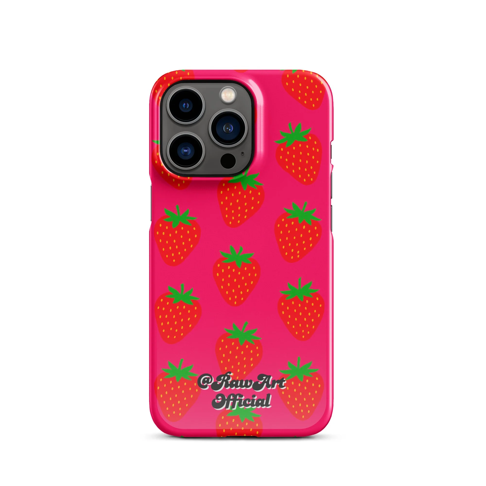 Hot pink iPhone case with red strawberry pattern, retro fruity design.