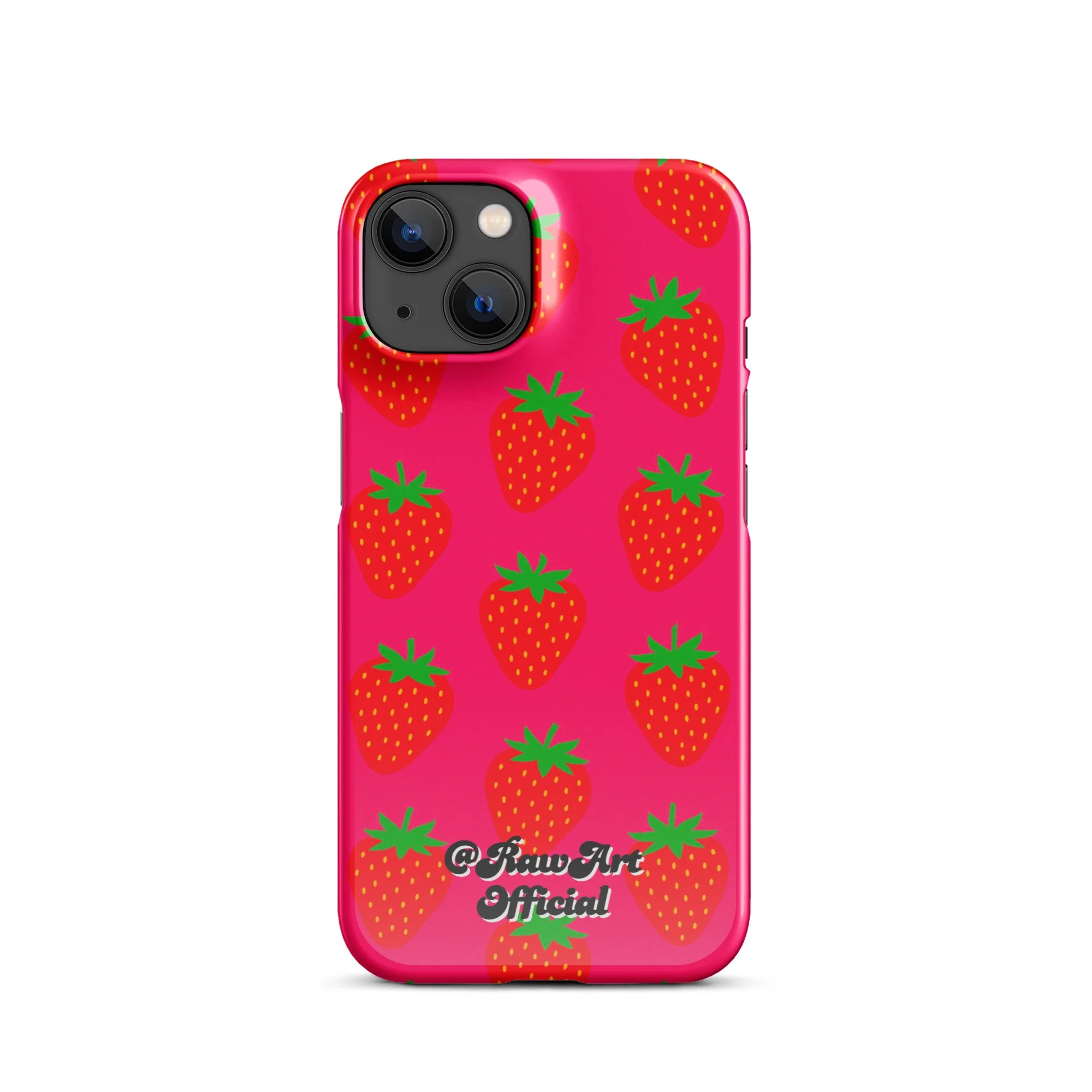 Hot pink iPhone case with red strawberry pattern, retro fruity design.
