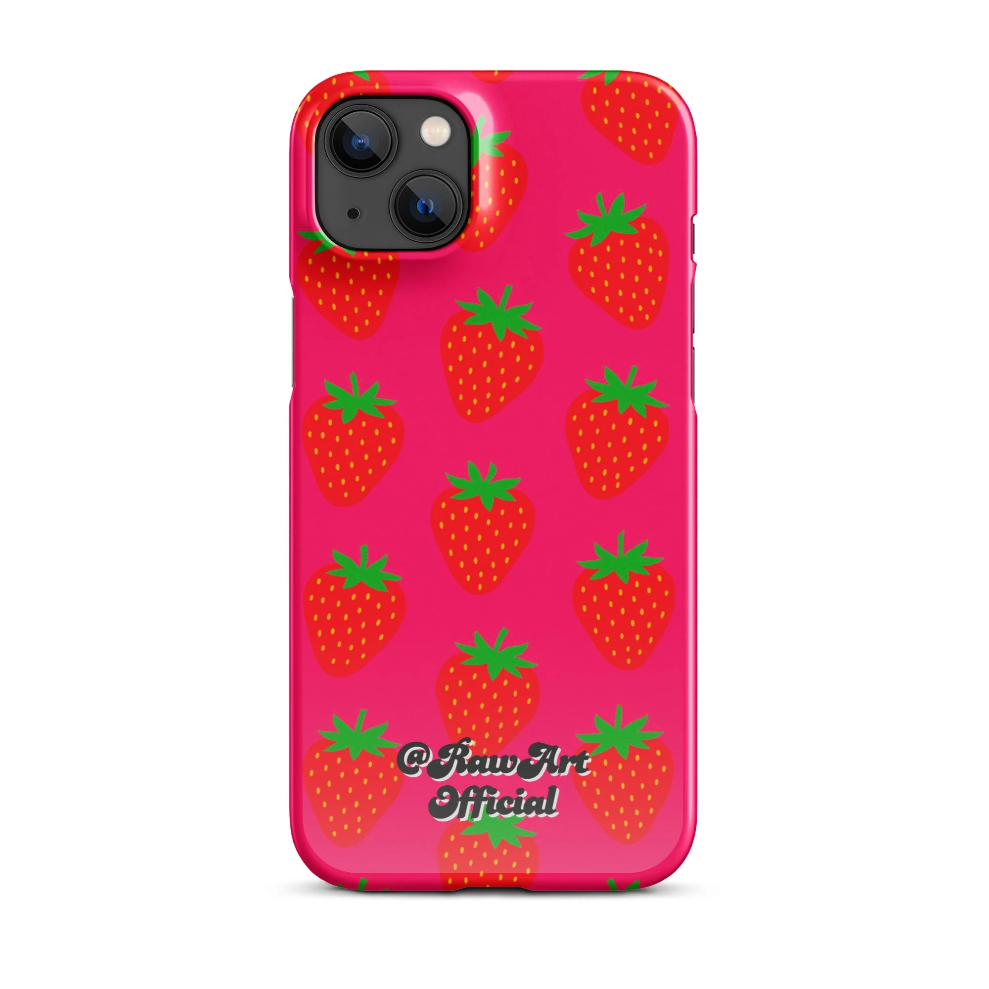 Hot pink iPhone case with red strawberry pattern, retro fruity design.