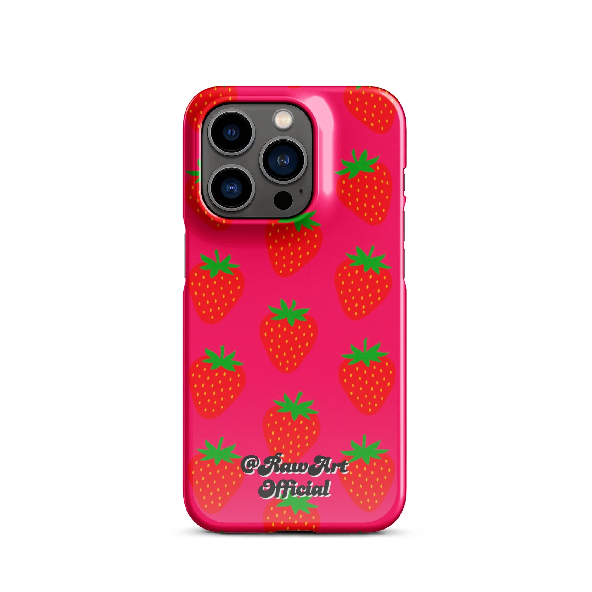 Hot pink iPhone case with red strawberry pattern, retro fruity design.