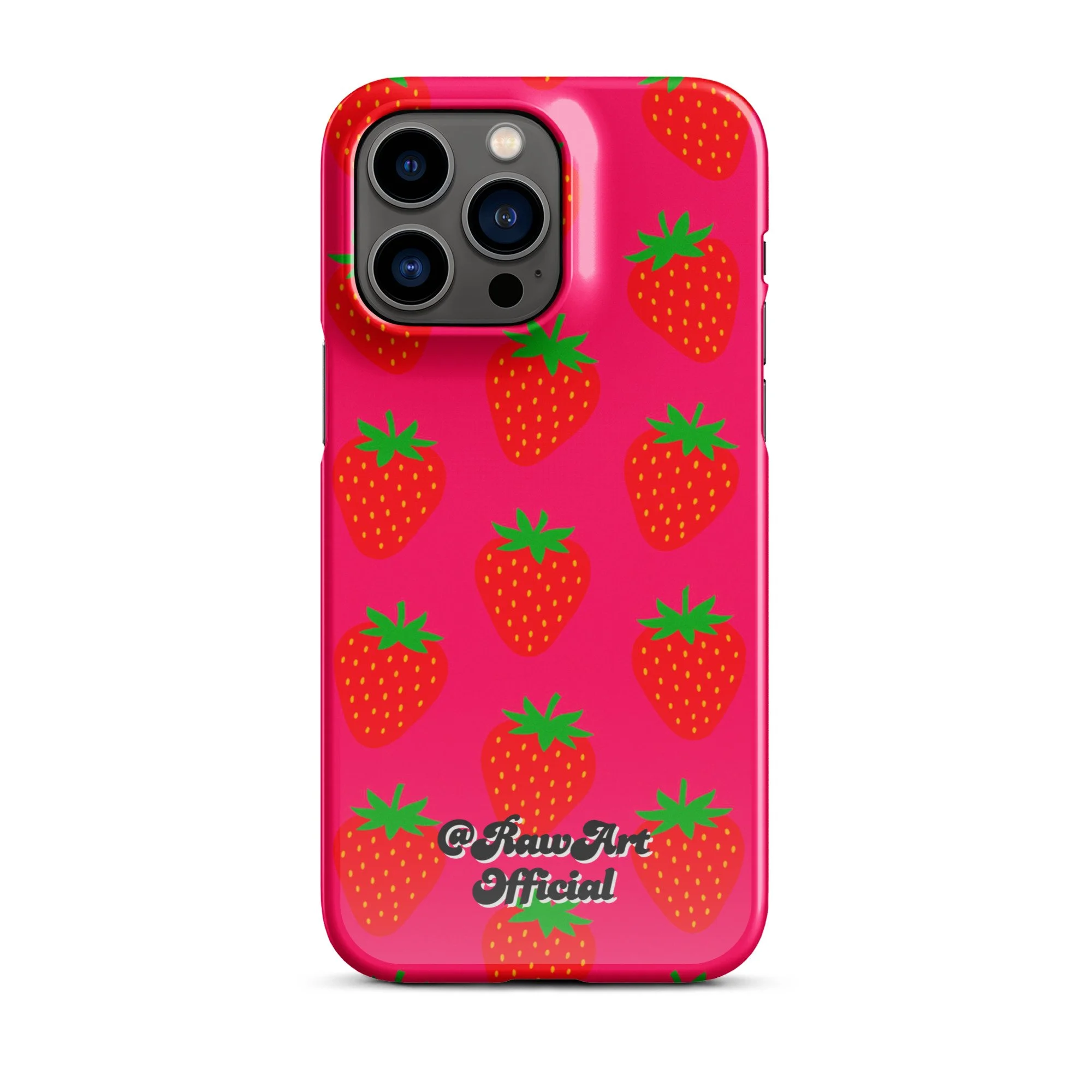 Hot pink iPhone case with red strawberry pattern, retro fruity design.