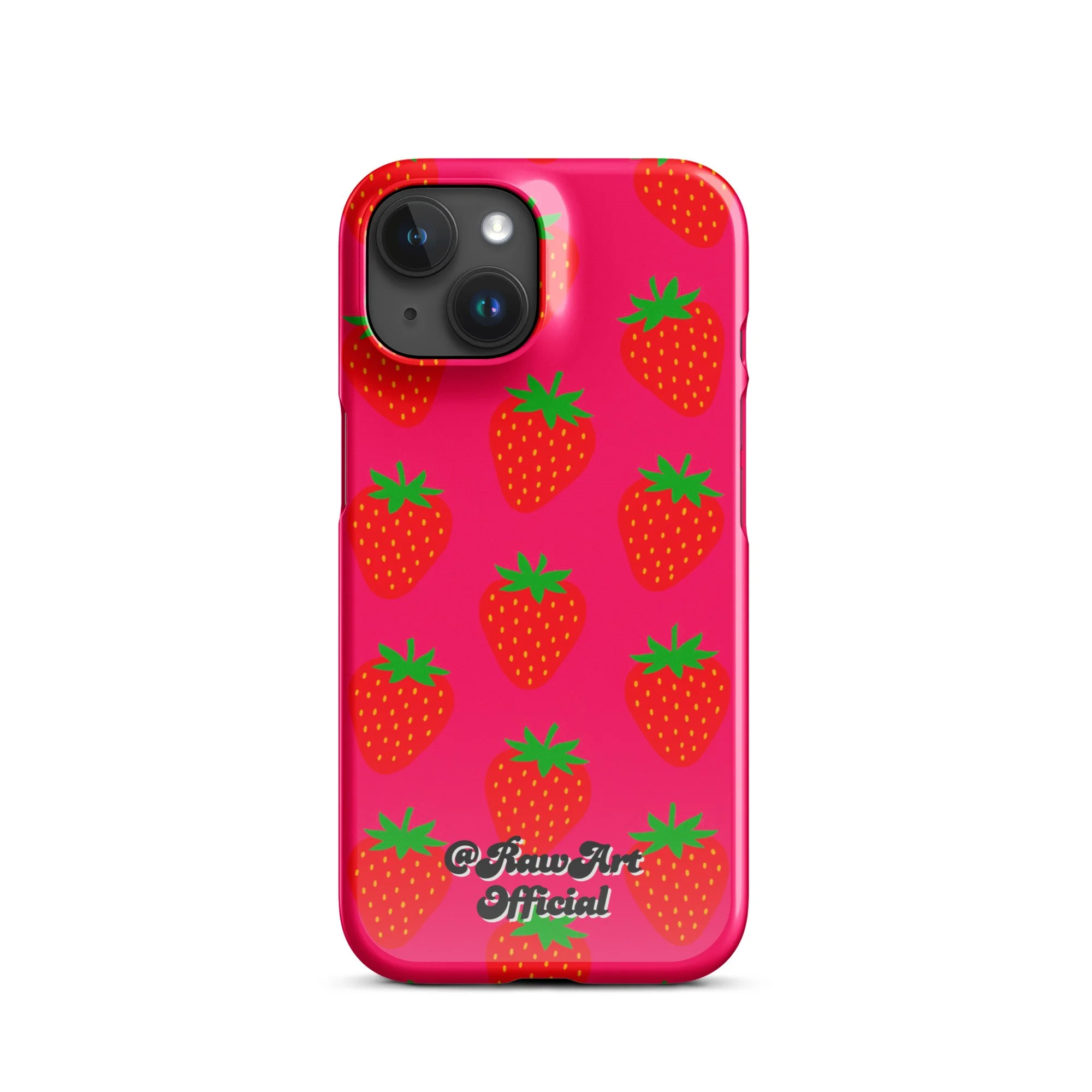 Hot pink iPhone case with red strawberry pattern, retro fruity design.