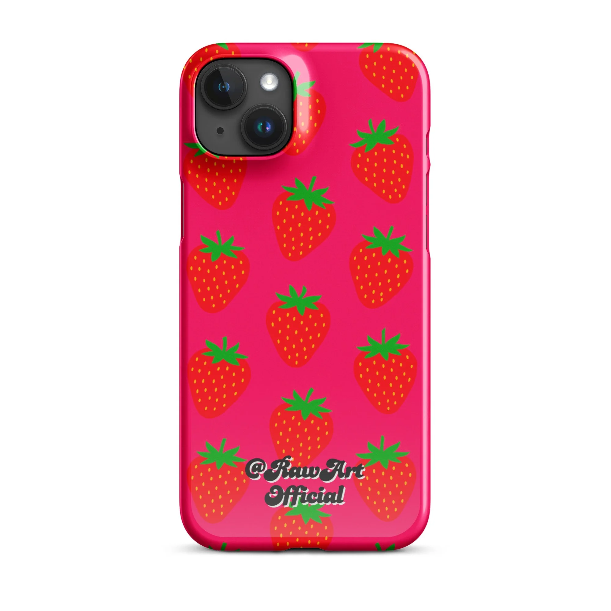 Hot pink iPhone case with red strawberry pattern, retro fruity design.