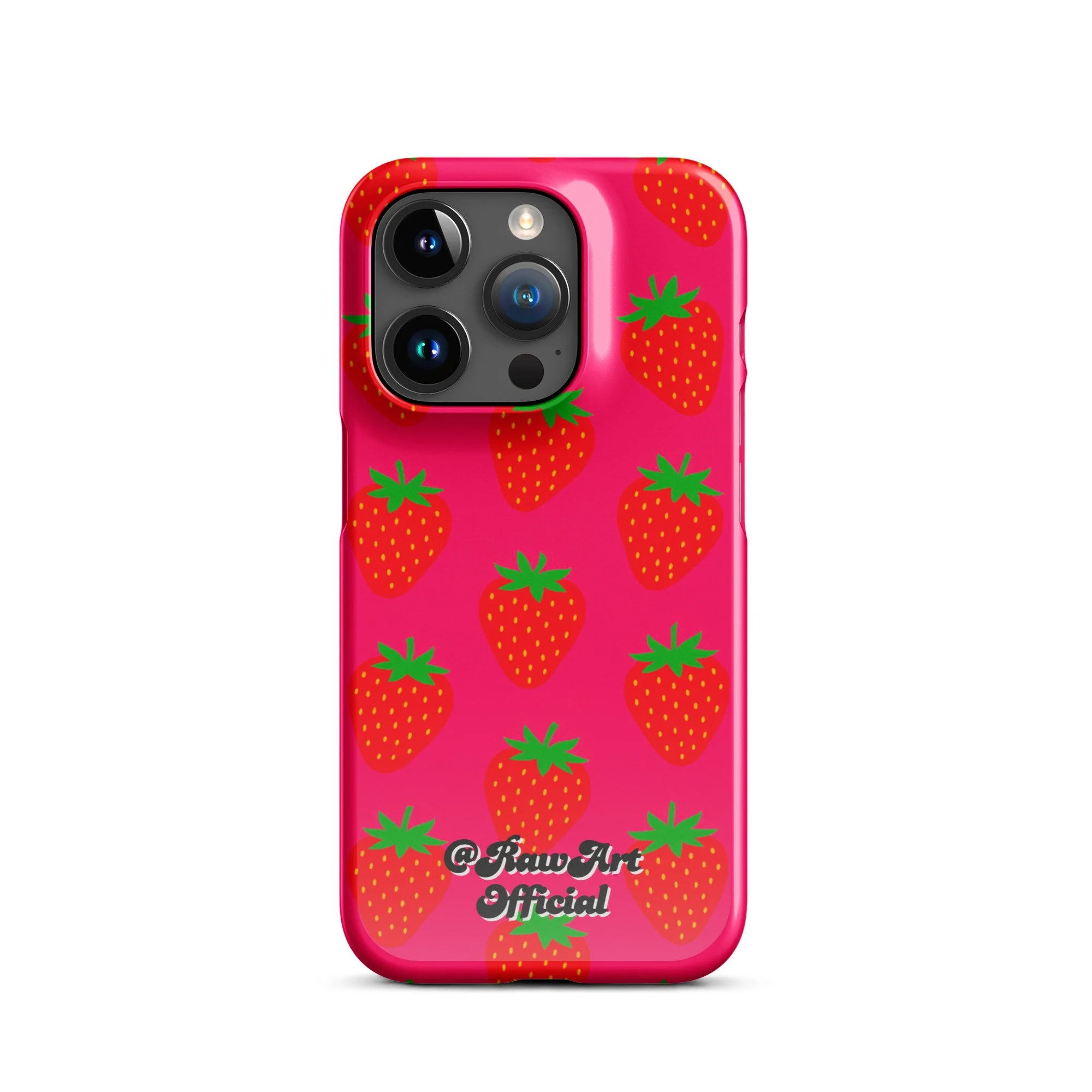 Hot pink iPhone case with red strawberry pattern, retro fruity design.