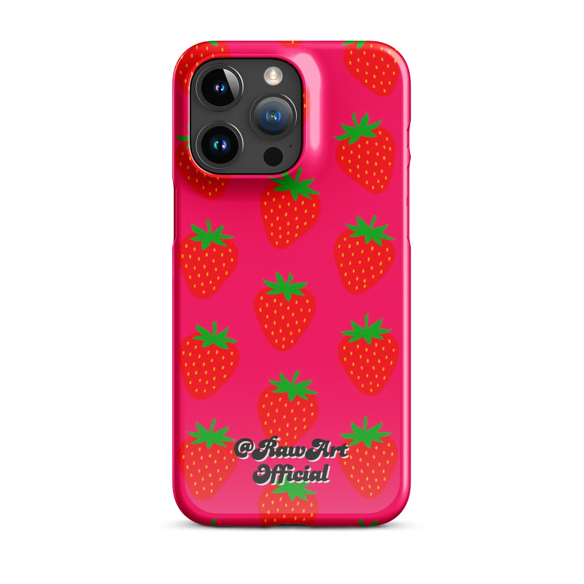Hot pink iPhone case with red strawberry pattern, retro fruity design.
