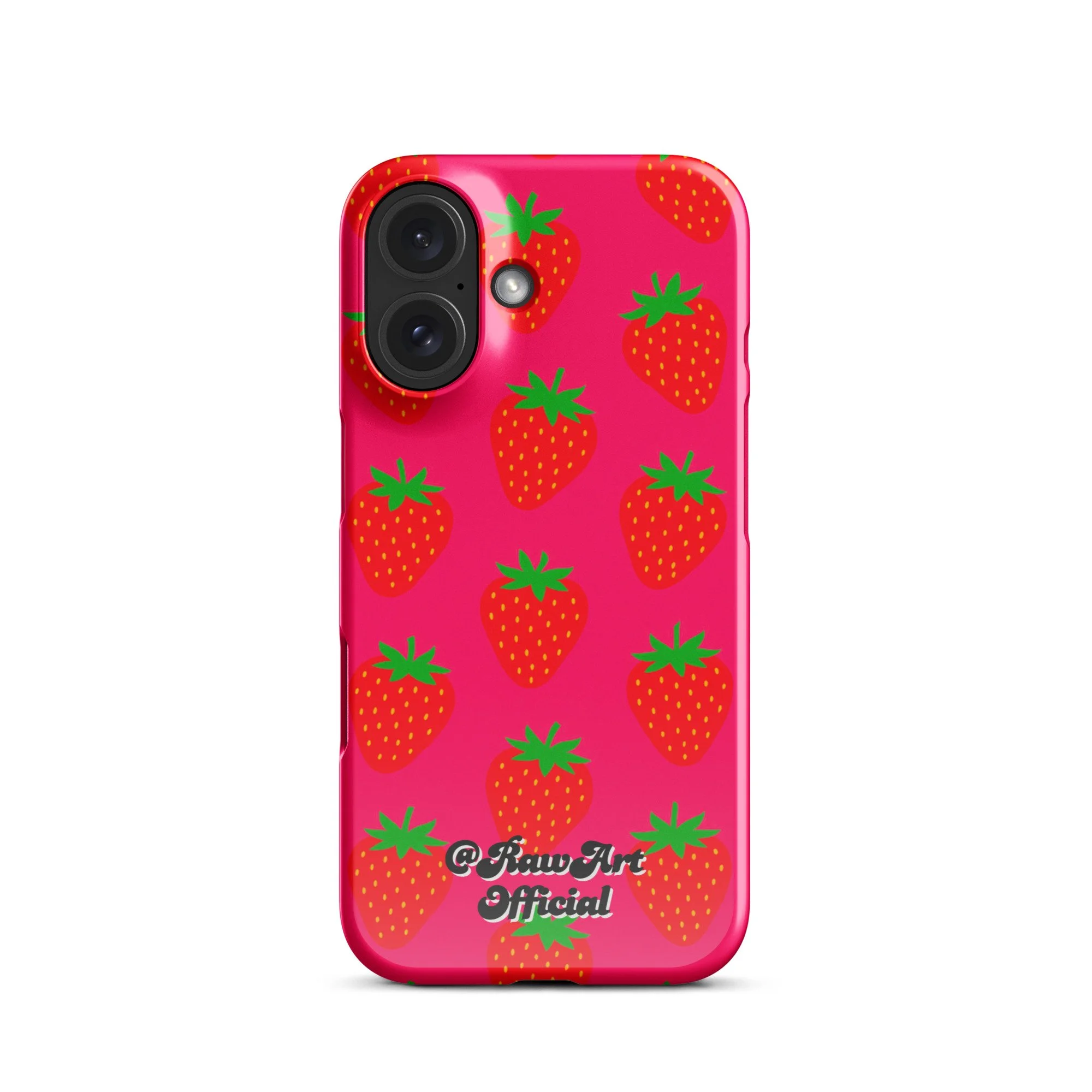 Hot pink iPhone case with red strawberry pattern, retro fruity design.
